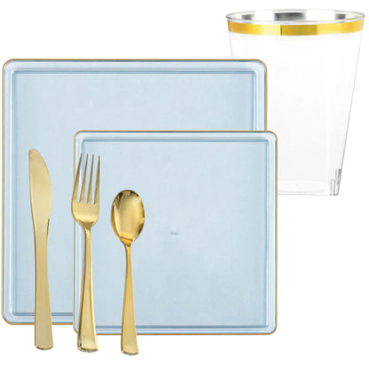 *BUY BULK* The Edge Collection Elegant Transparent Blue with Gold Rim Square Dinner Tableware COMBO Set Dinnerware Sets SIMCHA Collection