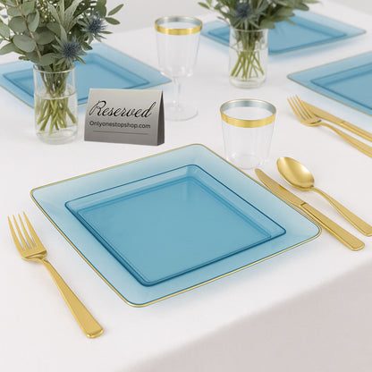 COMBO SET The Edge Collection 10.75" & 7.75" Square Blue With Gold Rim Plastic Dinnerware Combo Disposable Plates SIMCHA Collection