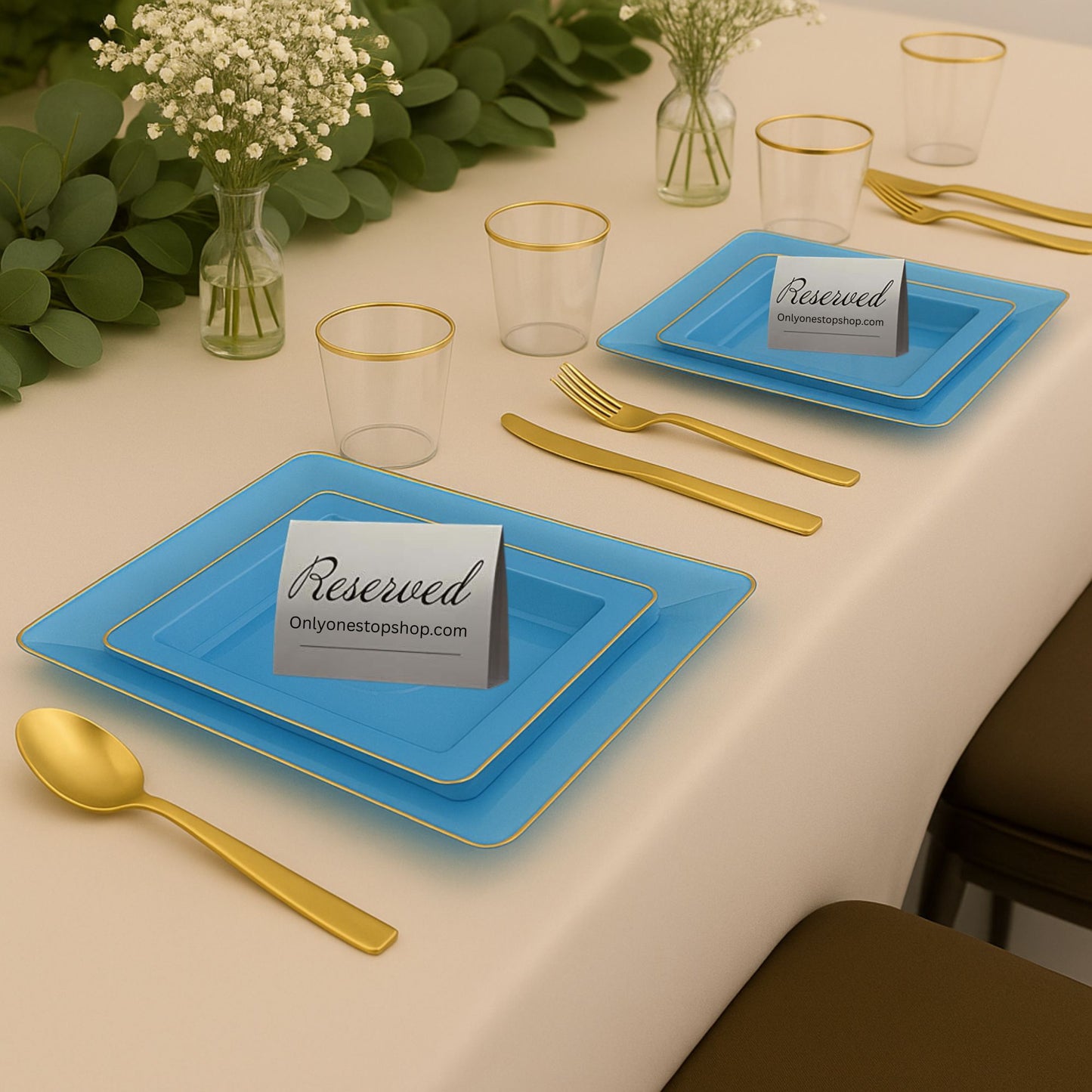 COMBO SET The Edge Collection 10.75" & 7.75" Square Blue With Gold Rim Plastic Dinnerware Combo Disposable Plates SIMCHA Collection