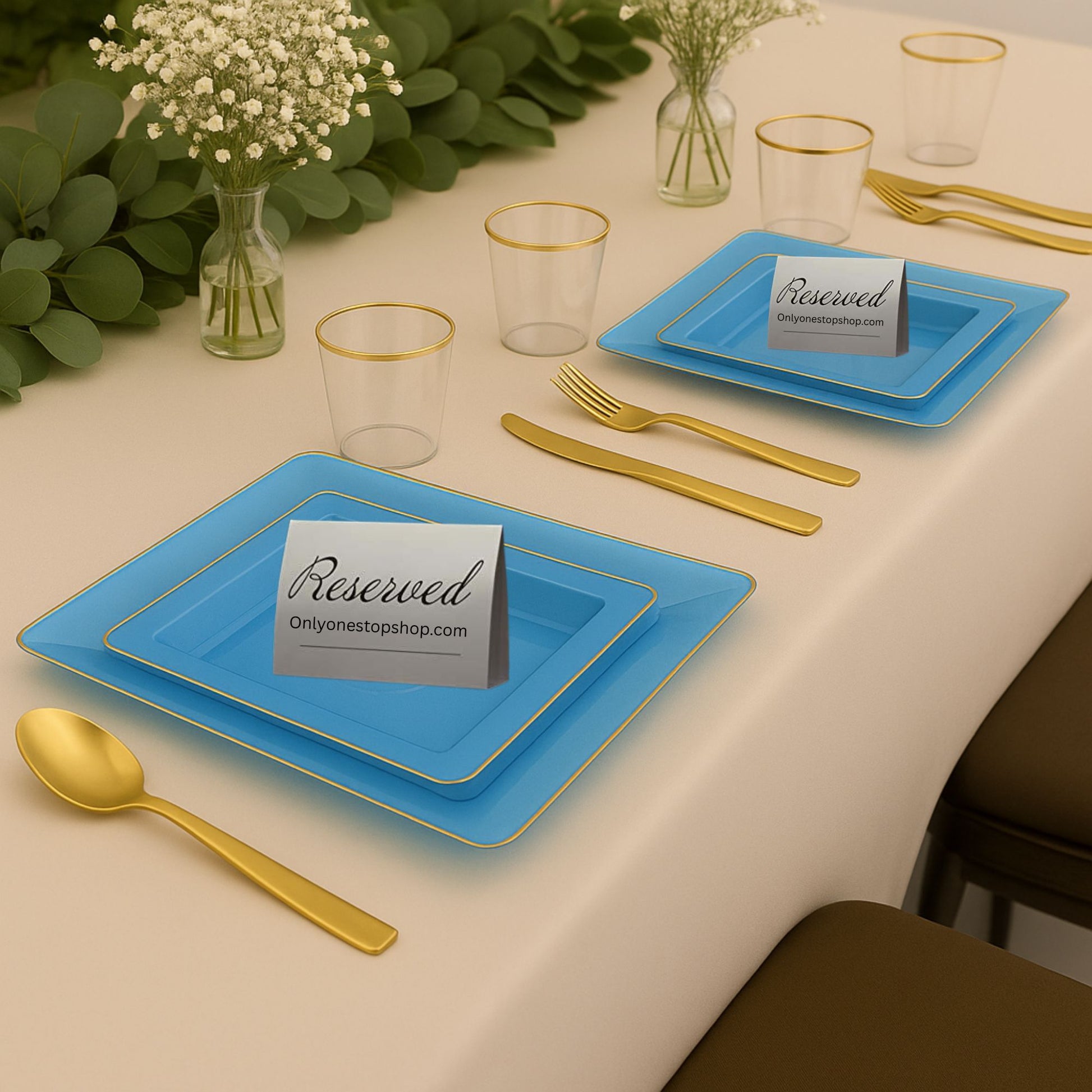 COMBO SET The Edge Collection 10.75" & 7.75" Square Blue With Gold Rim Plastic Dinnerware Combo Disposable Plates SIMCHA Collection