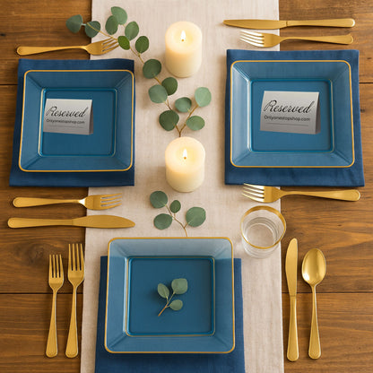 COMBO SET The Edge Collection 10.75" & 7.75" Square Blue With Gold Rim Plastic Dinnerware Combo Disposable Plates SIMCHA Collection