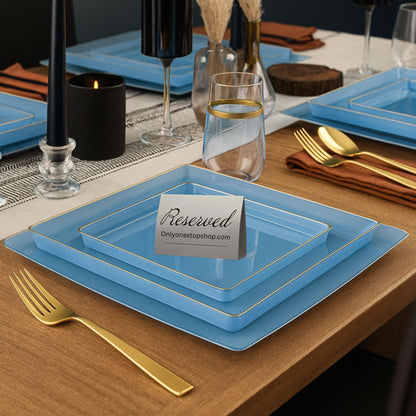 COMBO SET The Edge Collection 10.75" & 7.75" Square Blue With Gold Rim Plastic Dinnerware Combo Disposable Plates SIMCHA Collection