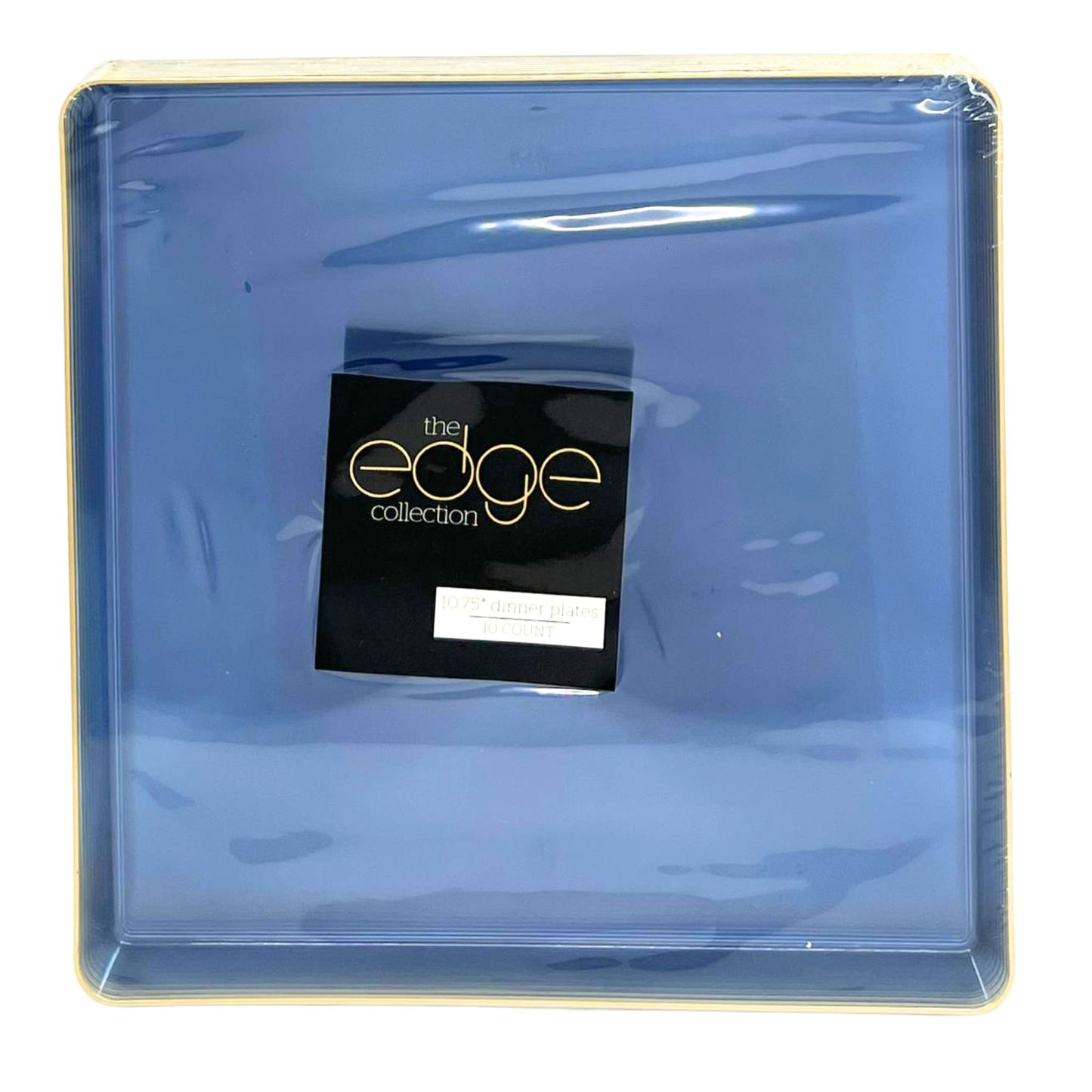 The Edge Collection 10.75" Transparent Blue with Gold Rim Square Plastic Dinner Plates Disposable Plates SIMCHA Collection