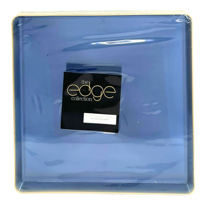 The Edge Collection 10.75" Transparent Blue with Gold Rim Square Plastic Dinner Plates Disposable Plates SIMCHA Collection