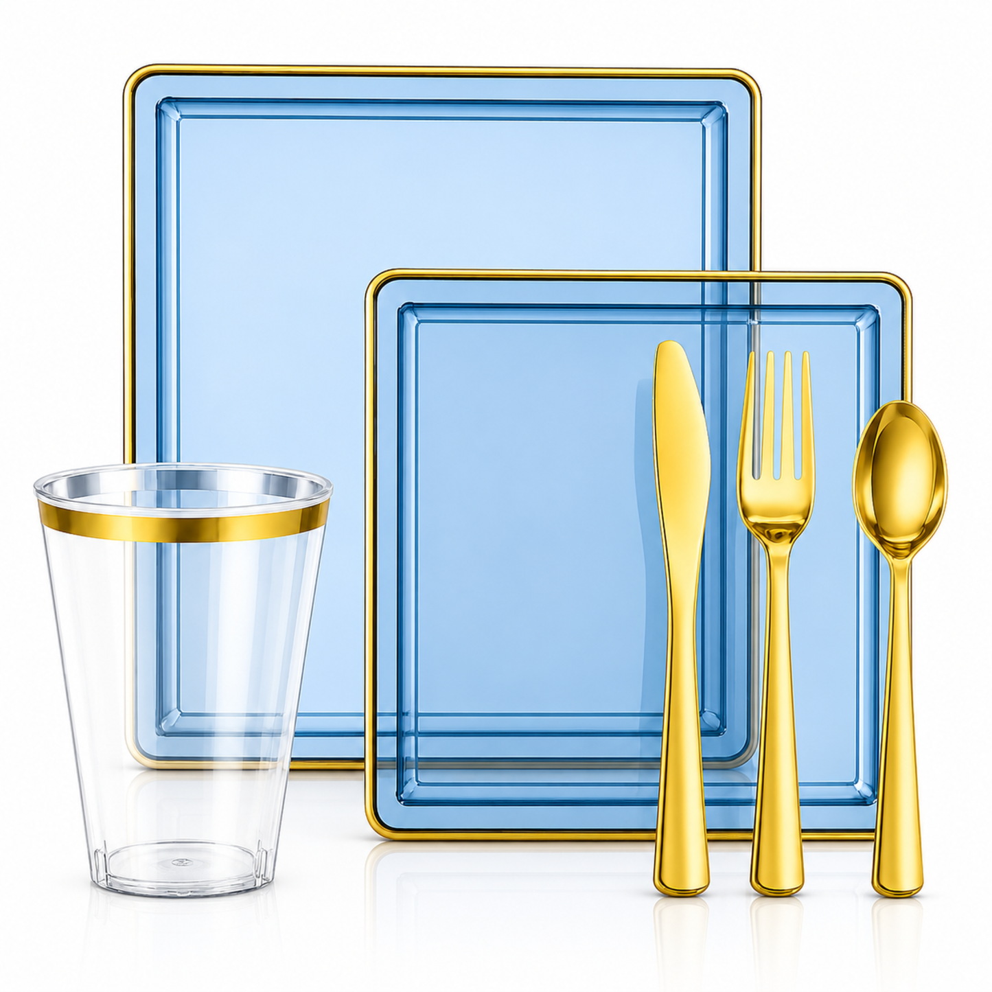 Square Blue & Gold Rim Plastic Dinnerware Set Value Pack-Edge Dinnerware Sets SIMCHA Collection