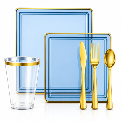 Square Blue & Gold Rim Plastic Dinnerware Set Value Pack-Edge Dinnerware Sets SIMCHA Collection