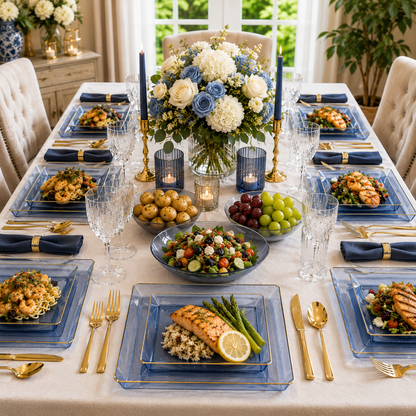 Square Blue & Gold Rim Plastic Dinnerware Set Value Pack-Edge Dinnerware Sets SIMCHA Collection
