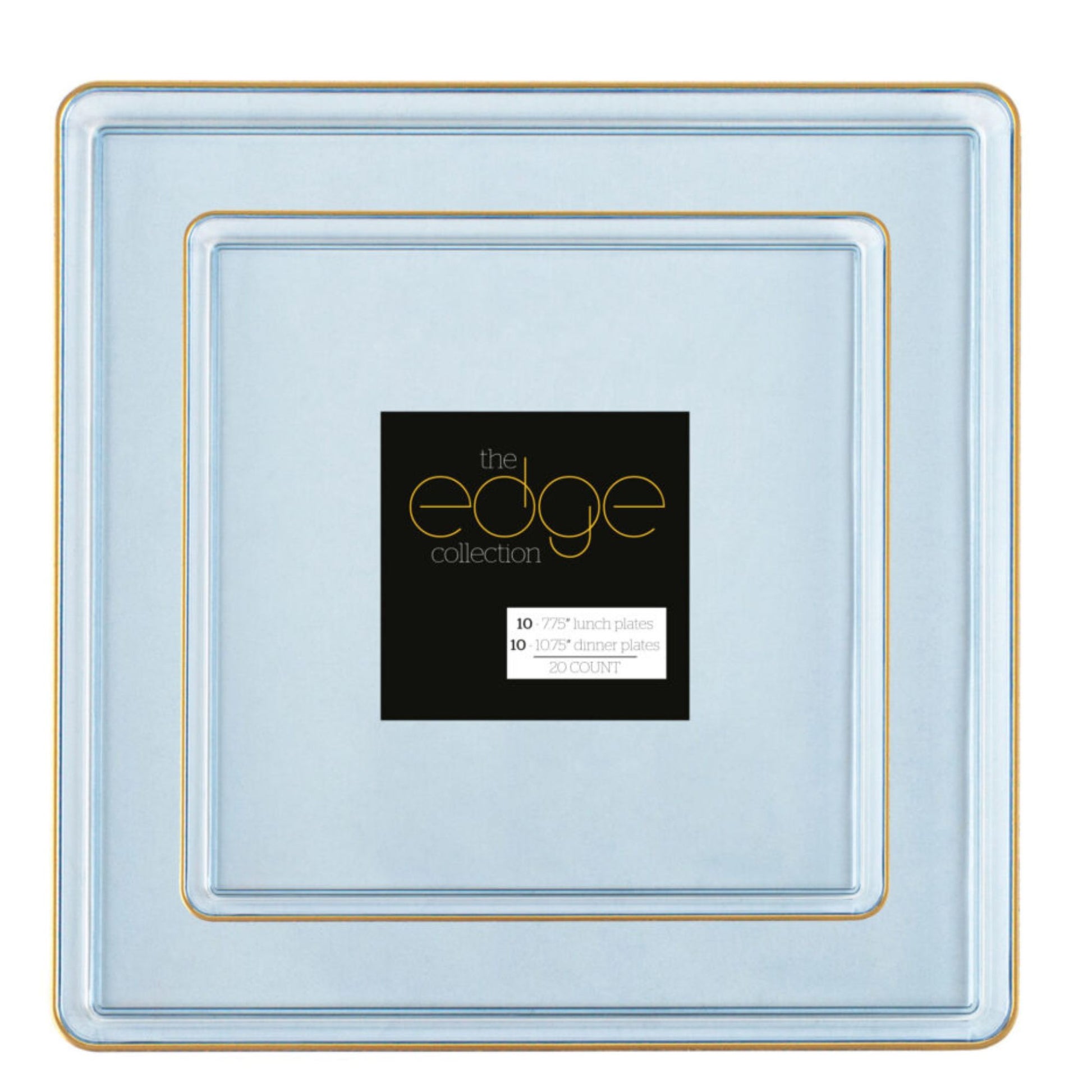 COMBO SET The Edge Collection 10.75" & 7.75" Square Blue With Gold Rim Plastic Dinnerware Combo Disposable Plates SIMCHA Collection