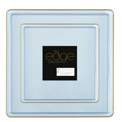 COMBO SET The Edge Collection 10.75" & 7.75" Square Blue With Gold Rim Plastic Dinnerware Combo Disposable Plates SIMCHA Collection