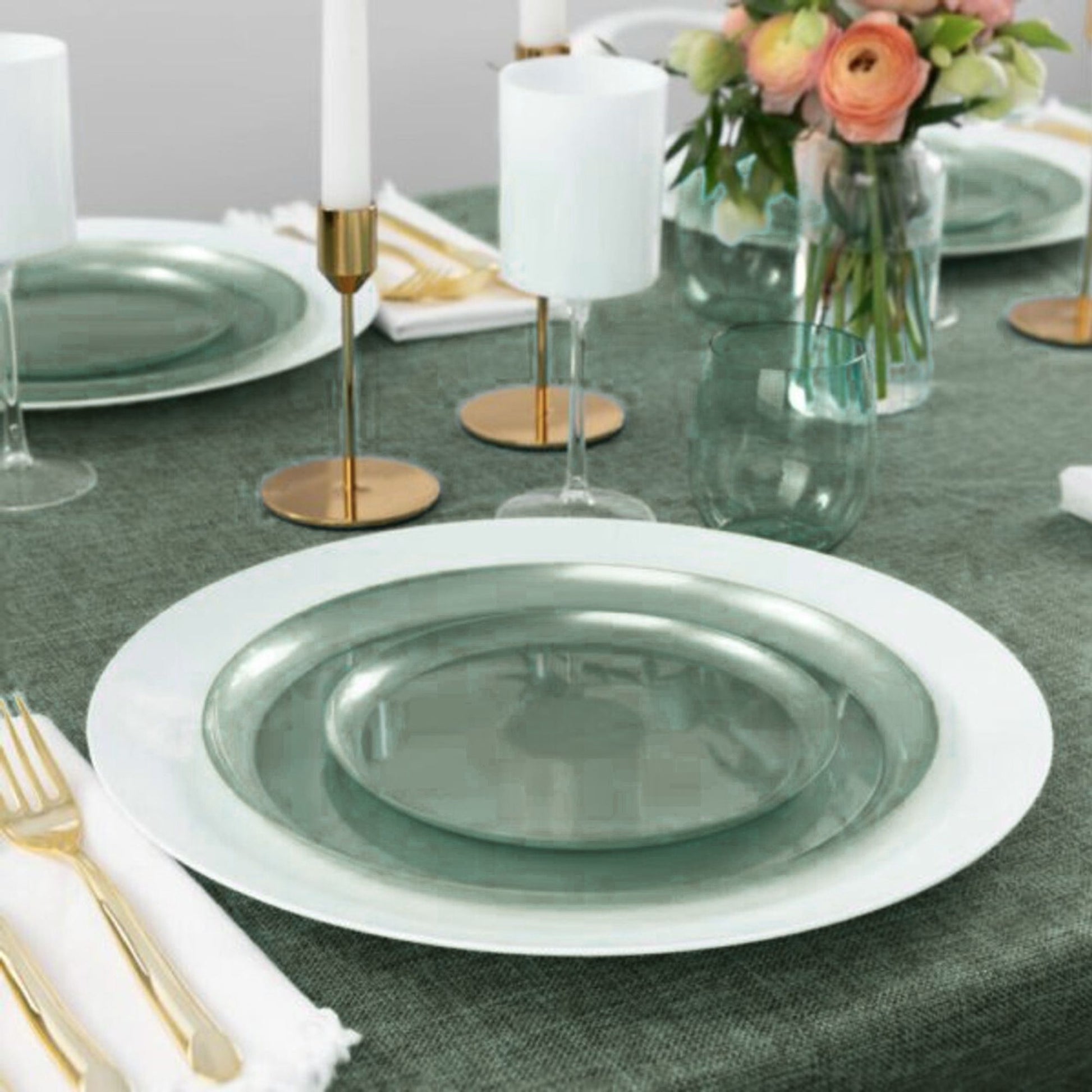 COMBO SET The Edge Collection 10" & 7" Perlized Green Plastic Dinnerware Combo Disposable Plates SIMCA Collection