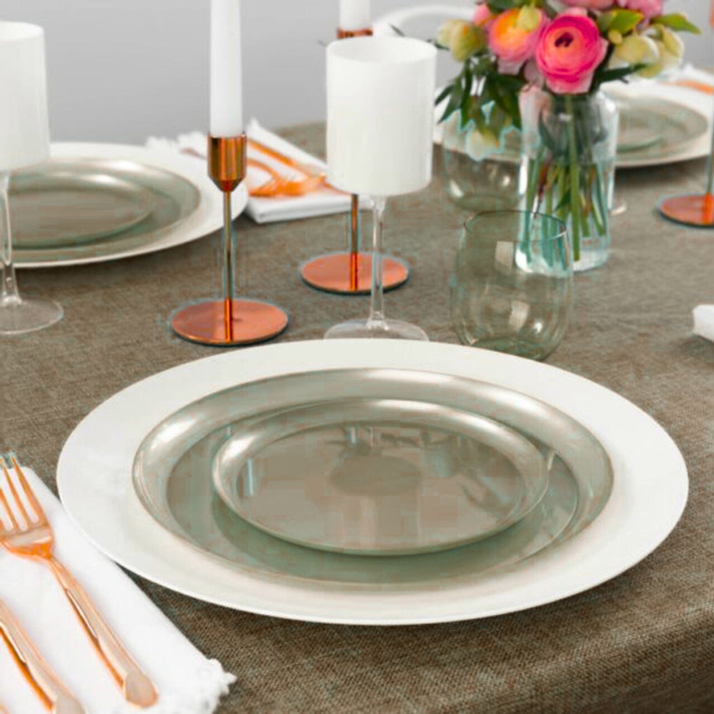 COMBO SET The Edge Collection 10" & 7" Pewter Plastic Dinnerware Combo Disposable Plates SIMCA Collection