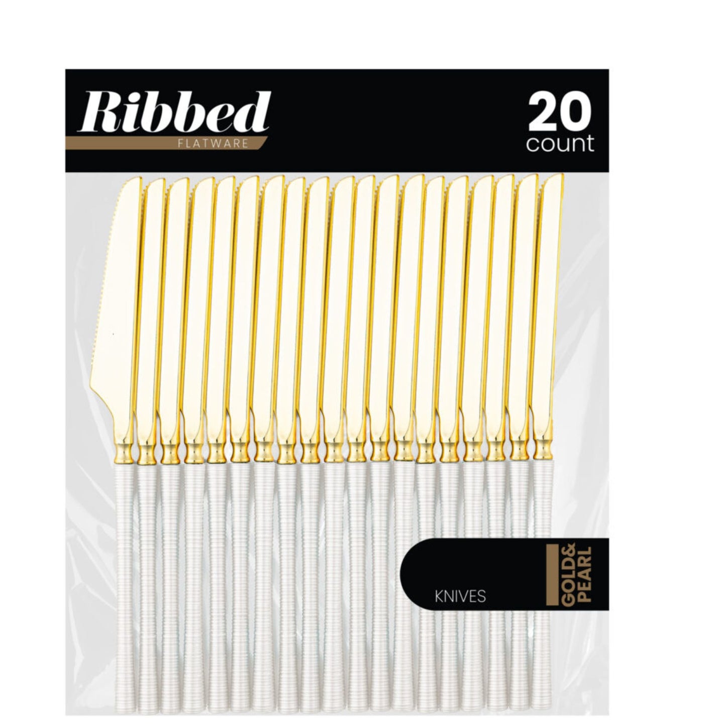 8.5" Elegant Disposable Pearl/Gold Dinner Knives: Ribbed Disposable Knives Ribbed