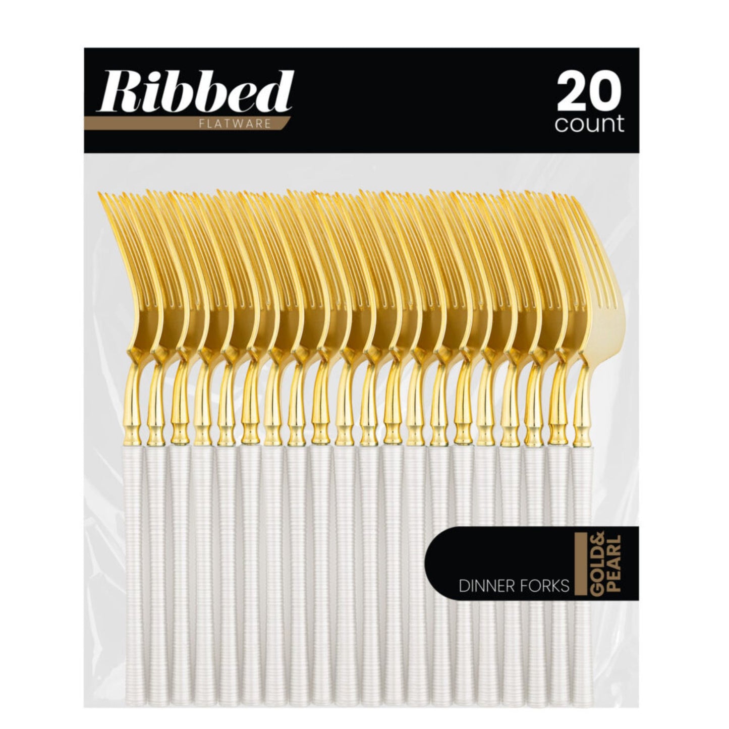 8" Elegant Disposable Pearl/Gold Dinner Forks: Ribbed