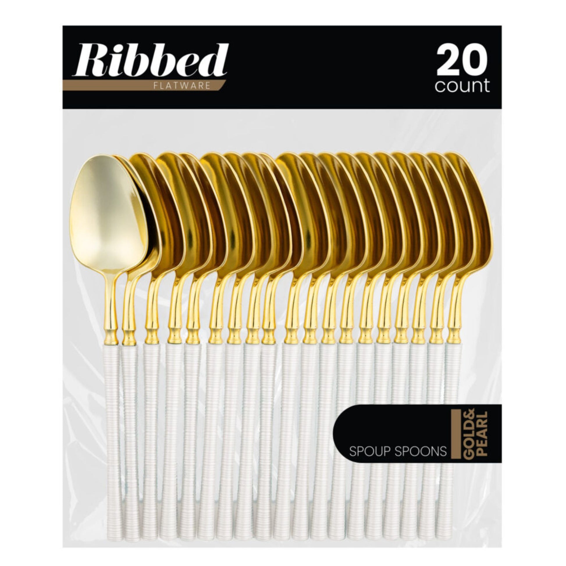 8" Elegant Disposable Pearl/Gold Soup Spoons: Ribbed Disposable Spoons Ribbed