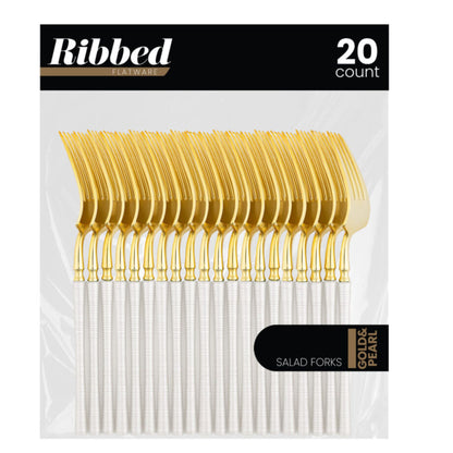 6.25" Elegant Disposable Pearl/Gold Salad Forks: Ribbed Disposable Forks Ribbed
