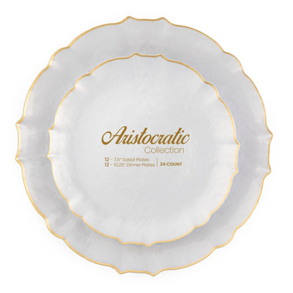 10.25"&7.5" Pearl with Gold Rim Plastic Plates Combo Set: Aristocratic Combo Disposable Plates SIMCA Collection