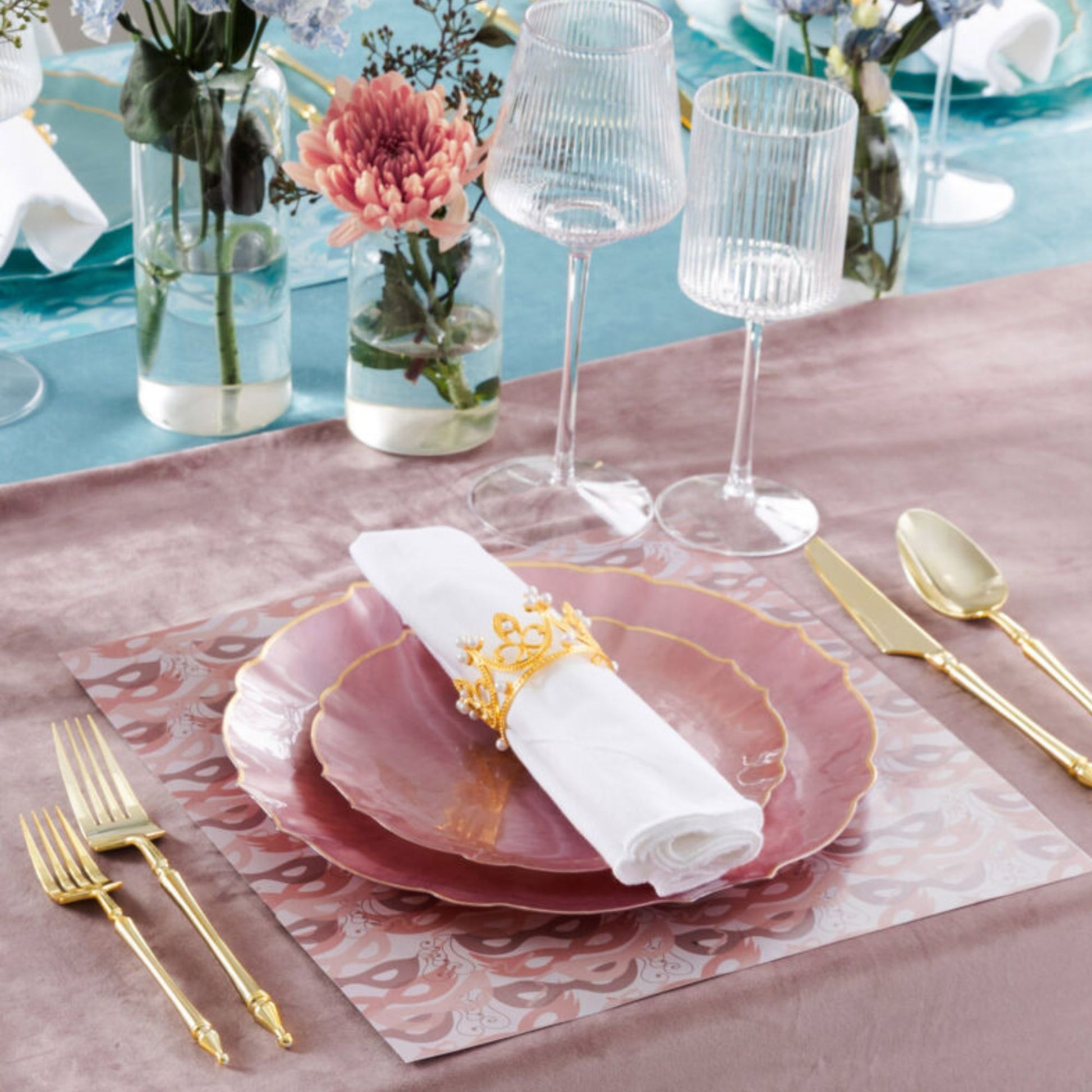 10.25"&7.5" Pearl Pink with Gold Rim Plastic Plates Combo Set: Aristocratic Combo Disposable Plates SIMCA Collection