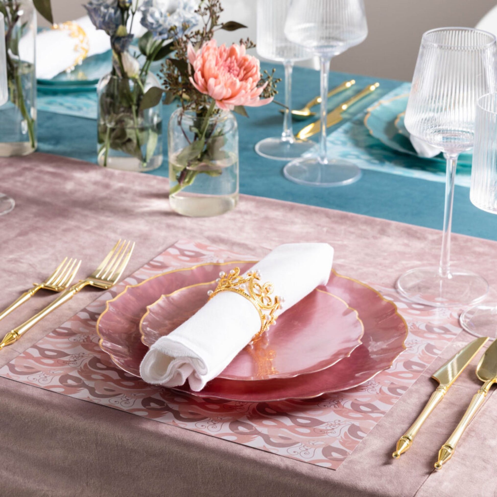 10.25"&7.5" Pearl Pink with Gold Rim Plastic Plates Combo Set: Aristocratic Combo Disposable Plates SIMCA Collection