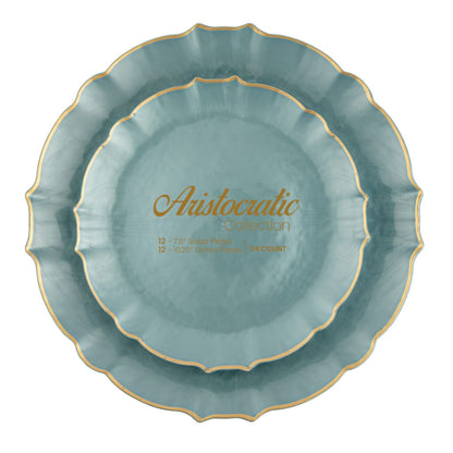 10.25"&7.5" Pearl Blue with Gold Rim Plastic Plates Combo Set: Aristocratic Combo Disposable Plates SIMCA Collection