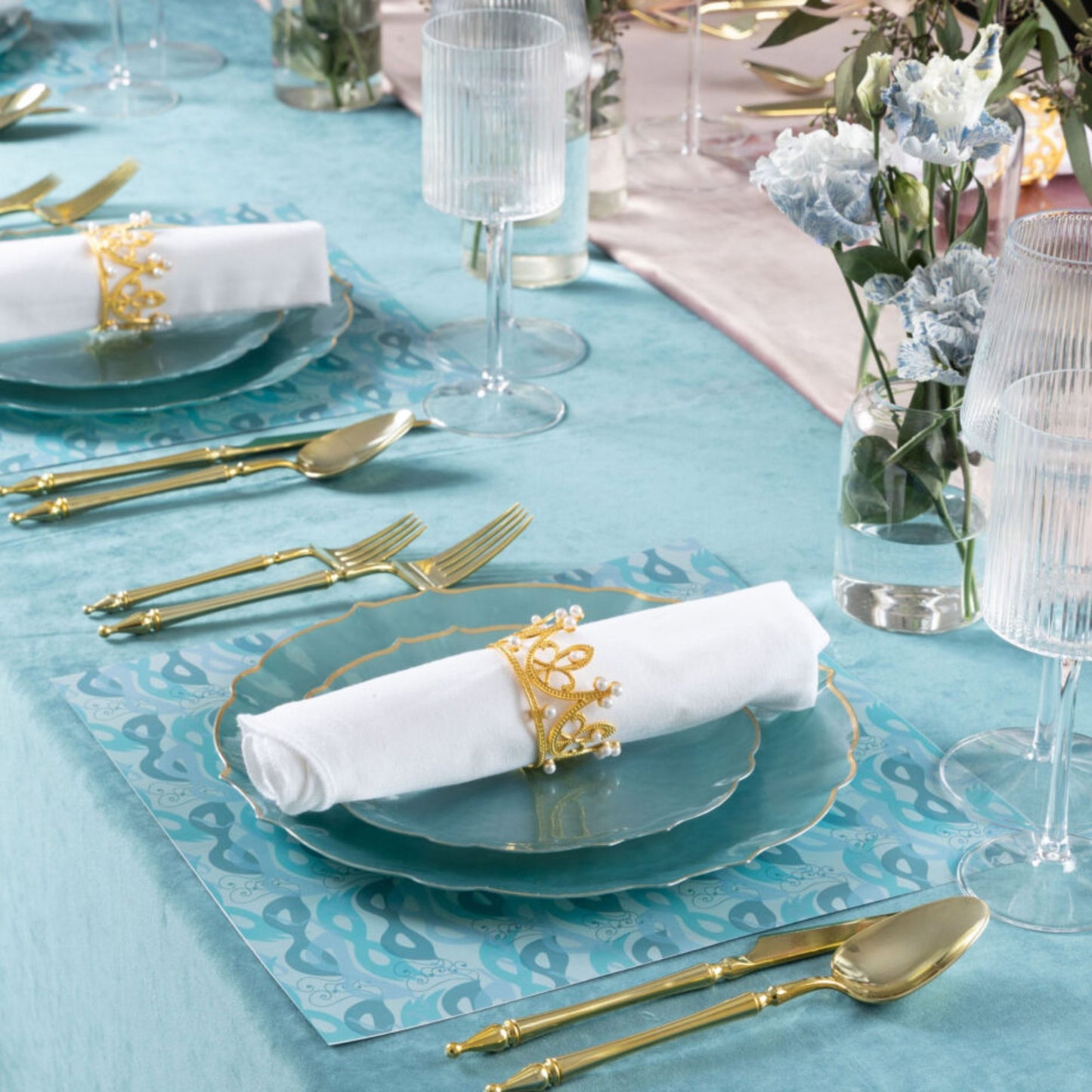 10.25"&7.5" Pearl Blue with Gold Rim Plastic Plates Combo Set: Aristocratic Combo Disposable Plates SIMCA Collection