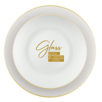 9"&7" Pearl with Gold Rim Plastic Plates Combo Set: Glass Design Combo Disposable Plates SIMCA Collection