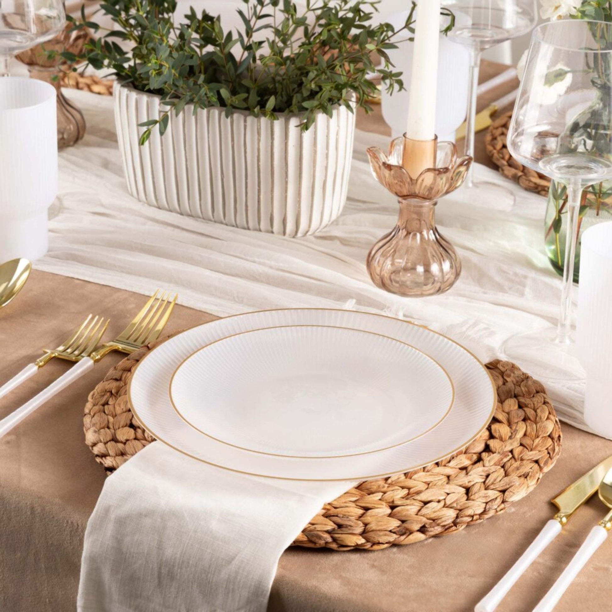 9"&7" Pearl with Gold Rim Plastic Plates Combo Set: Glass Design Combo Disposable Plates SIMCA Collection