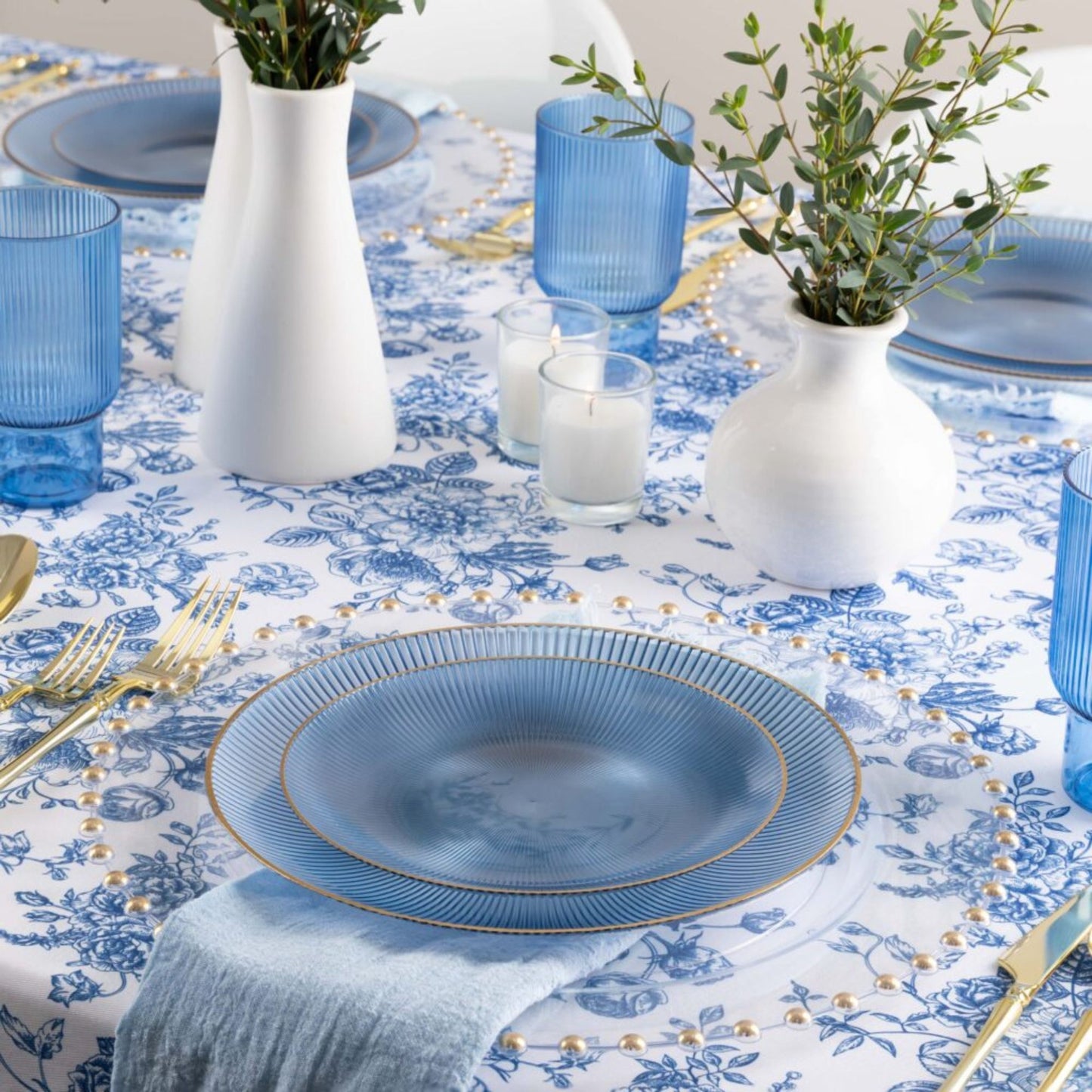 9"&7" Blue Transparent with Gold Rim Plastic Plates Combo Set: Glass Design Combo Disposable Plates SIMCA Collection