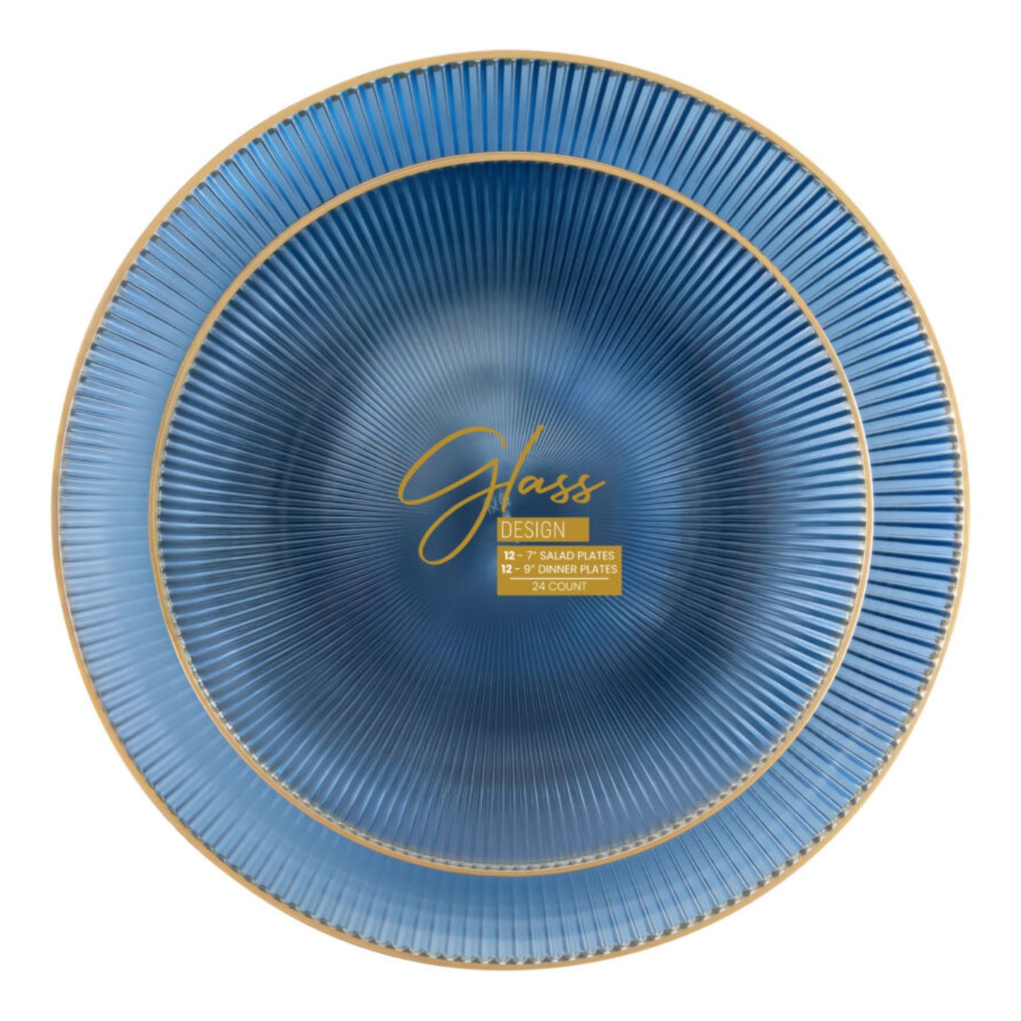9"&7" Blue Transparent with Gold Rim Plastic Plates Combo Set: Glass Design Combo Disposable Plates SIMCA Collection