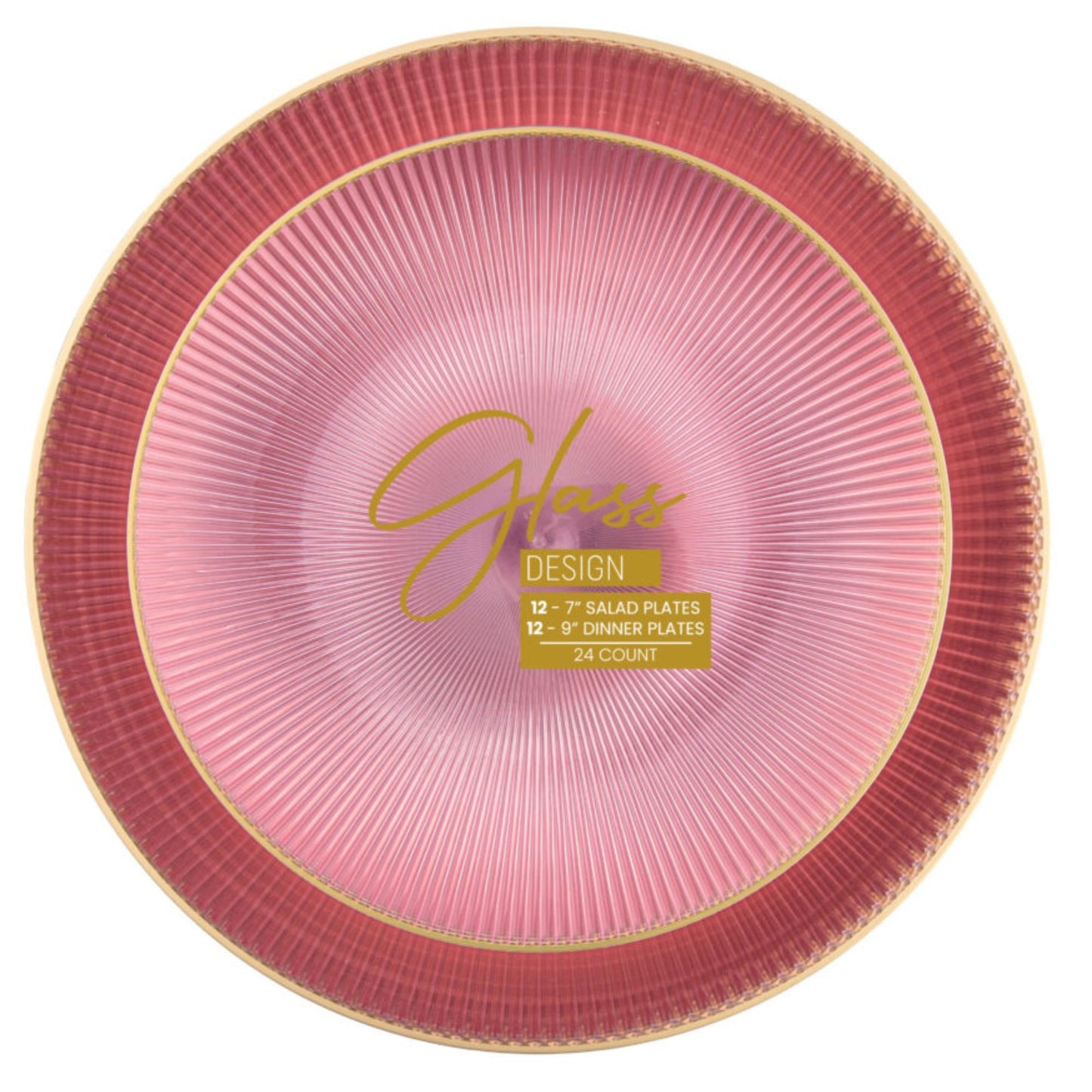 9"&7" Pink Transparent with Gold Rim Plastic Plates Combo Set: Glass Design Combo Disposable Plates SIMCA Collection