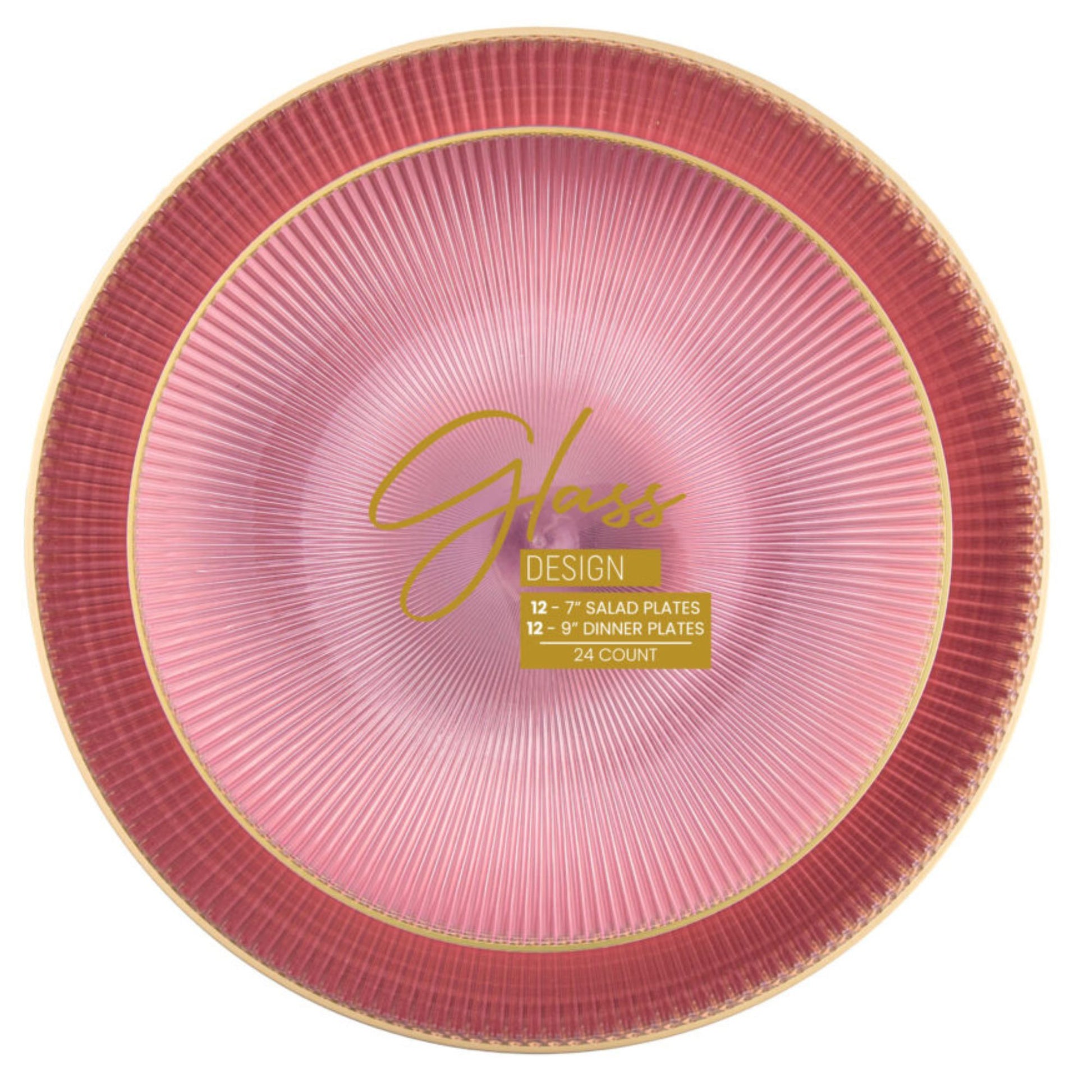 9"&7" Pink Transparent with Gold Rim Plastic Plates Combo Set: Glass Design Combo Disposable Plates SIMCA Collection