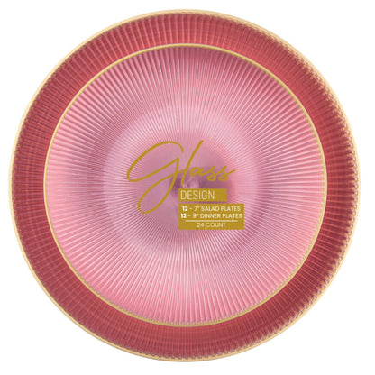 9"&7" Pink Transparent with Gold Rim Plastic Plates Combo Set: Glass Design Combo Disposable Plates SIMCA Collection
