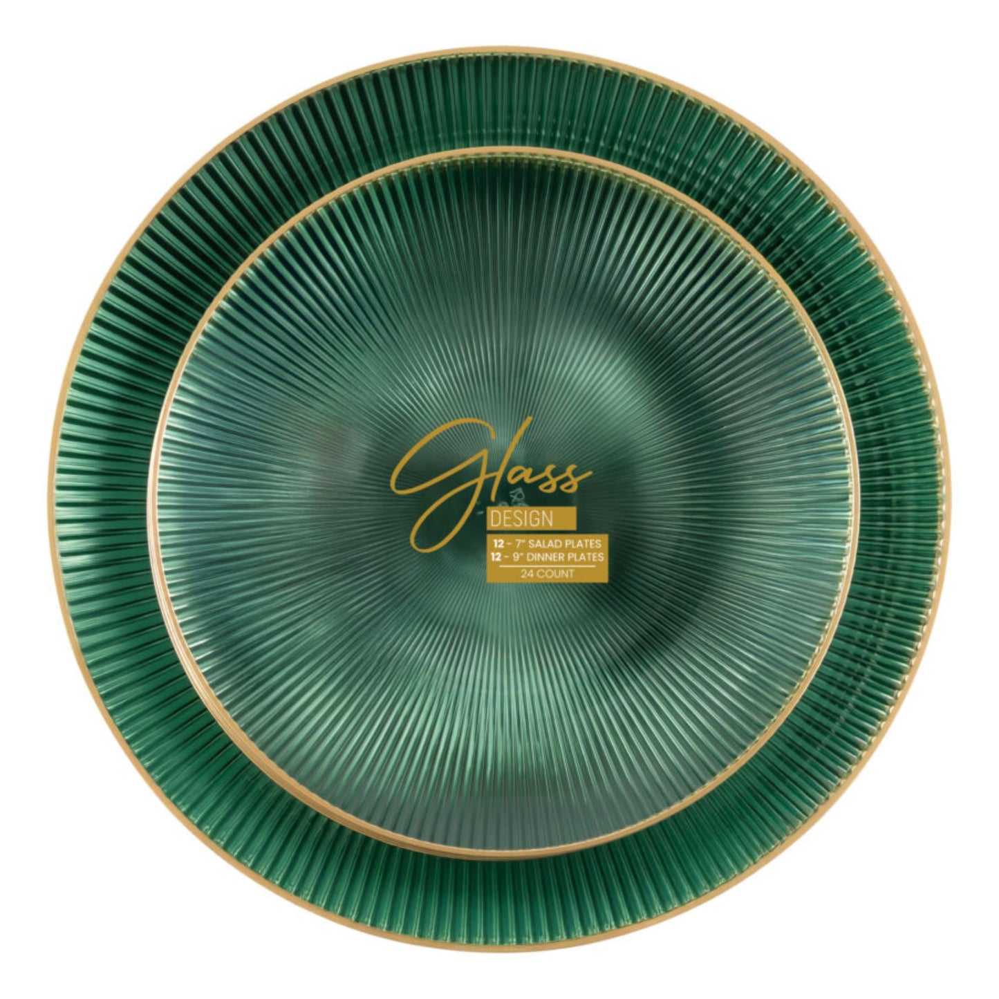 9"&7" Green Transparent with Gold Rim Plastic Plates Combo Set: Glass Design Combo Disposable Plates SIMCA Collection