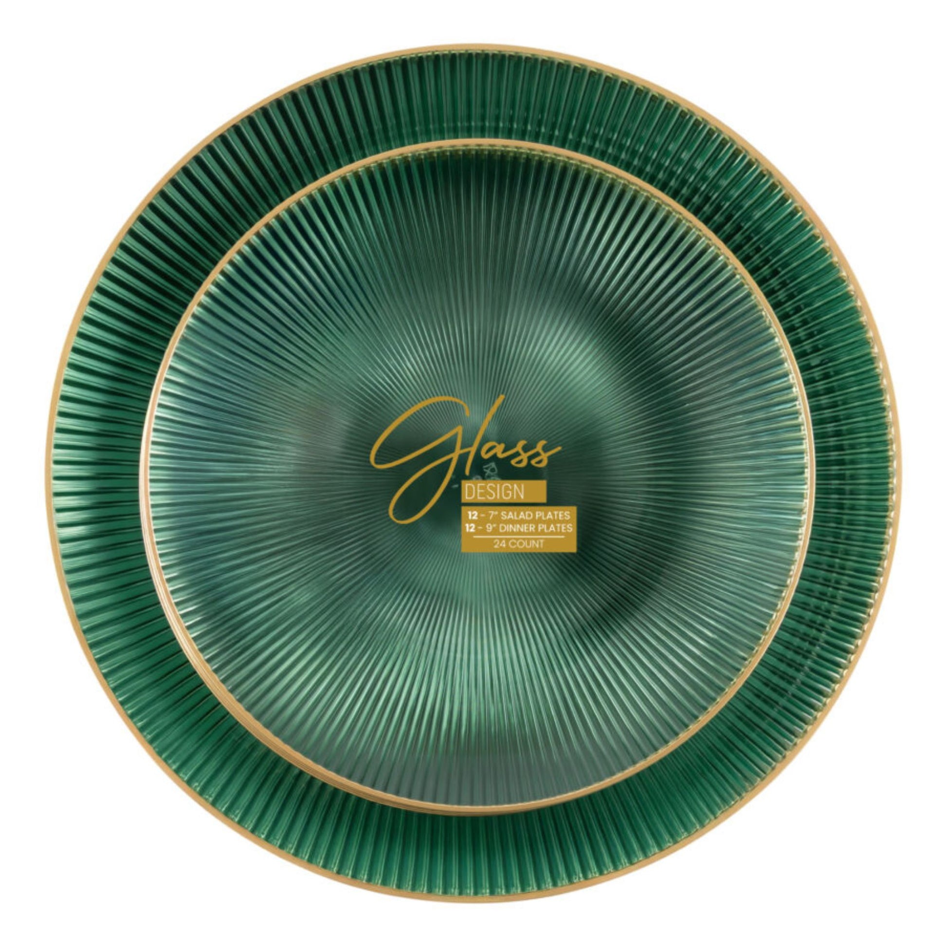 9"&7" Green Transparent with Gold Rim Plastic Plates Combo Set: Glass Design Combo Disposable Plates SIMCA Collection