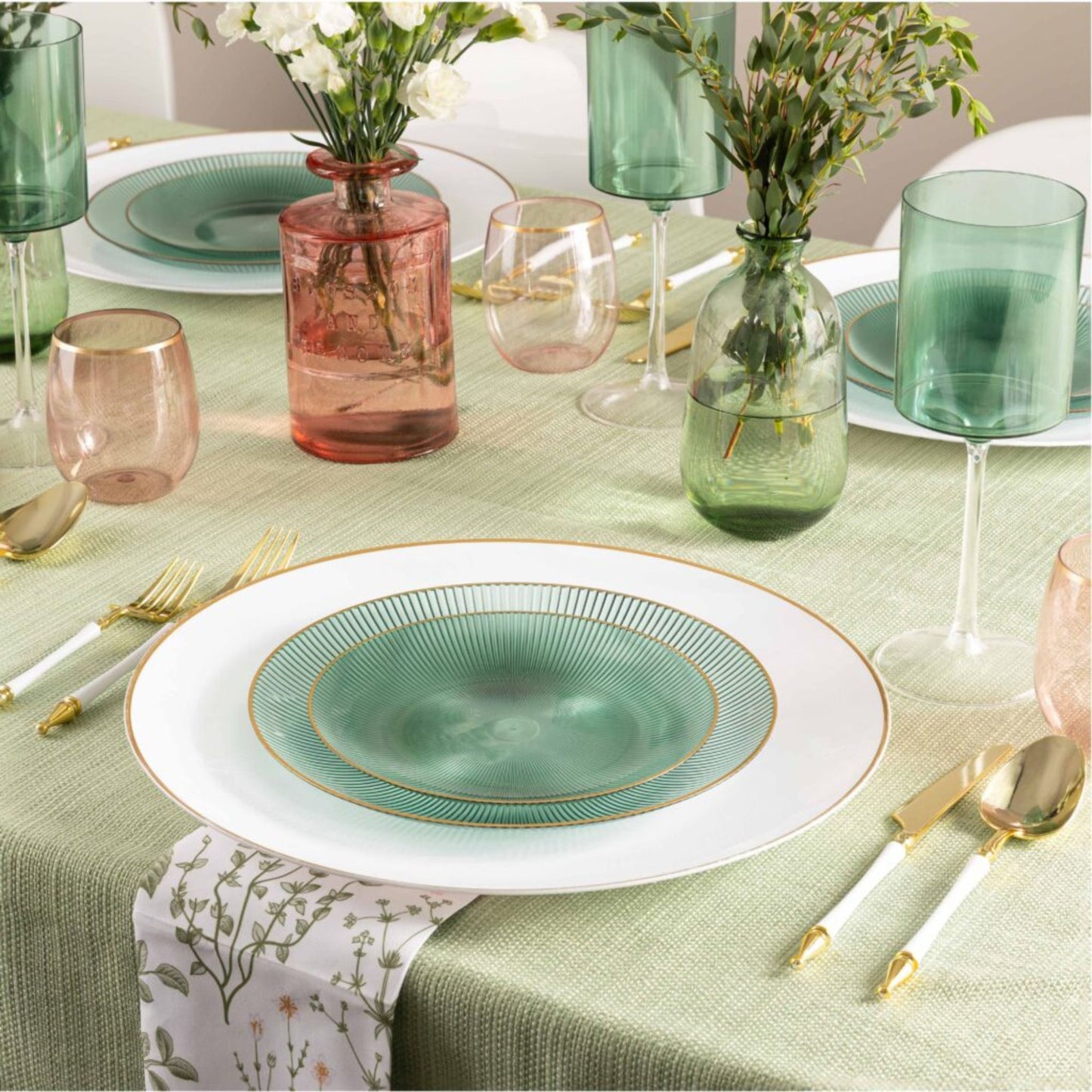9"&7" Green Transparent with Gold Rim Plastic Plates Combo Set: Glass Design Combo Disposable Plates SIMCA Collection