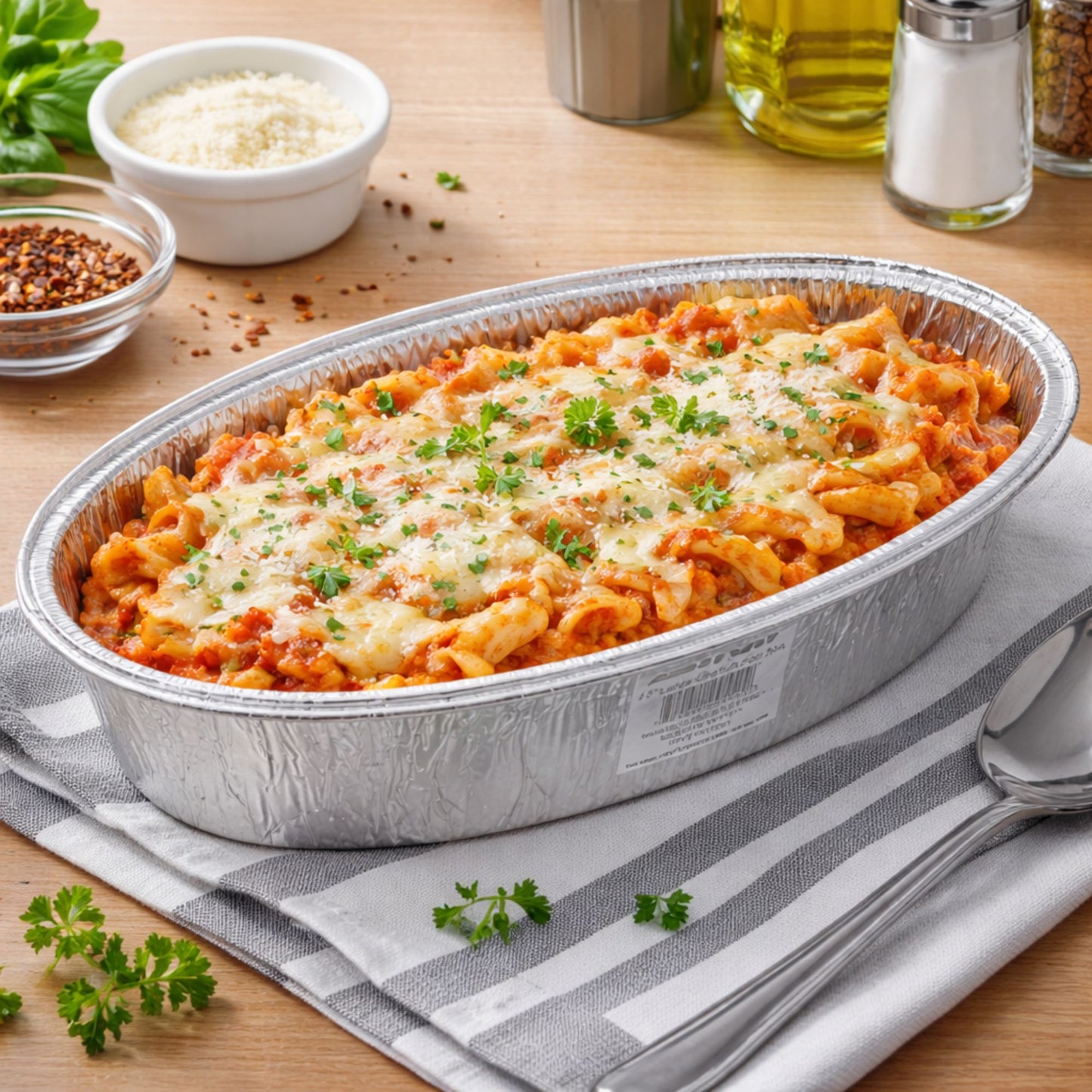 Aluminum dish of baked pasta with cheese on a wooden table with ingredients.