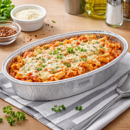 Aluminum dish of baked pasta with cheese on a wooden table with ingredients.