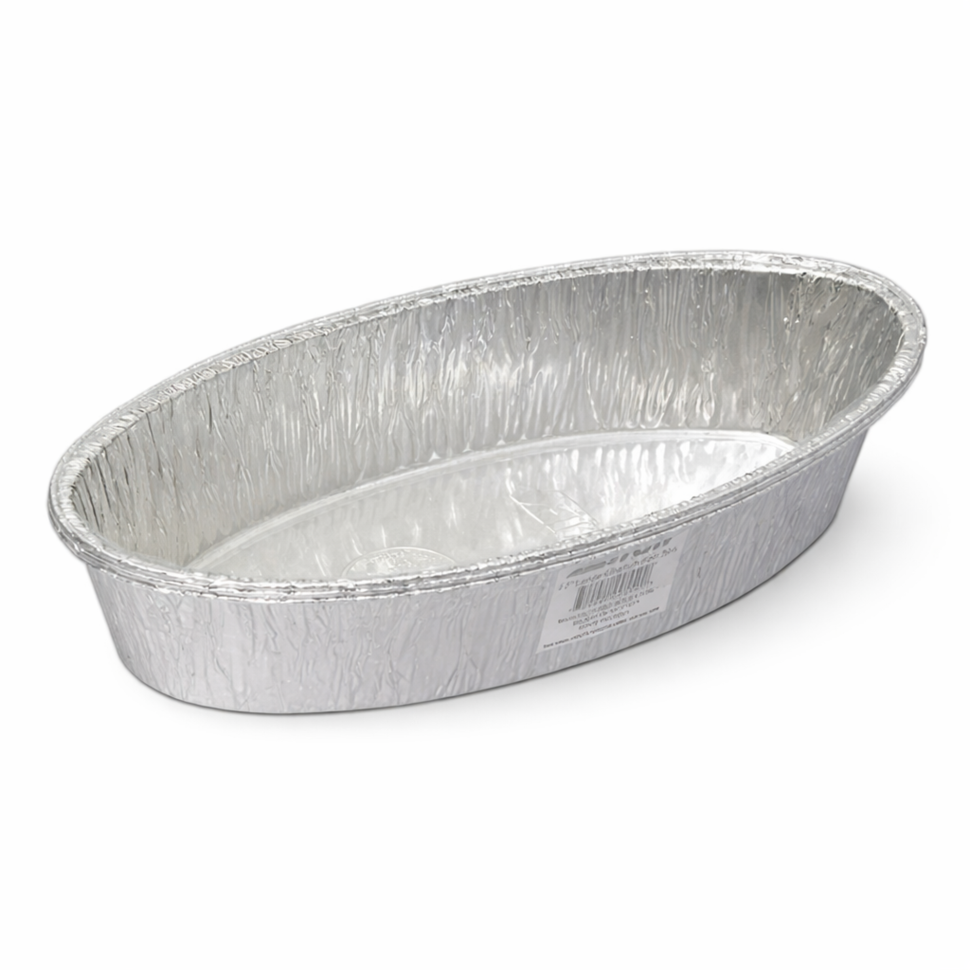 Oval-shaped aluminum pan on a white background
