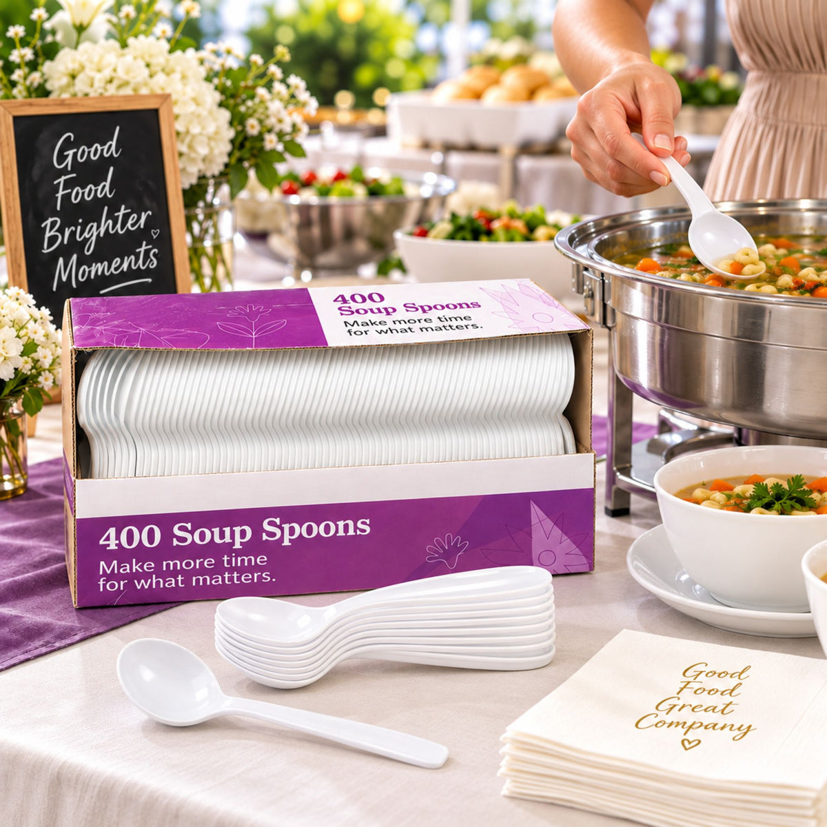 400 Count White Plastic Soup Spoons – Disposable Spoons for Soup, Takeout, Catering & Parties Disposable Spoons VeZee