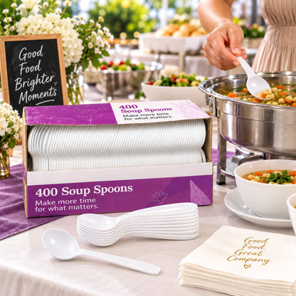 400 Count White Plastic Soup Spoons – Disposable Spoons for Soup, Takeout, Catering & Parties Disposable Spoons VeZee