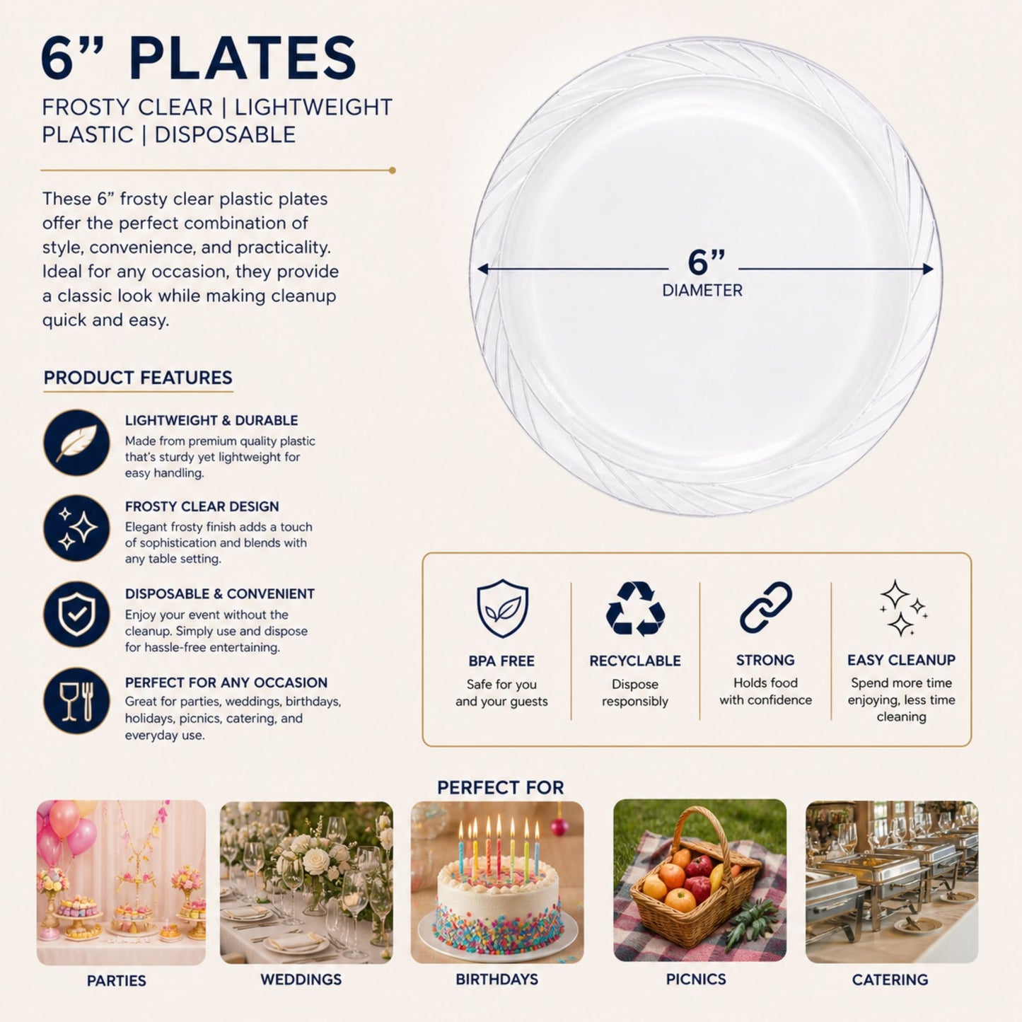 *JUMBO PACK*6" Plates frosty Clear Lightweight Plastic Disposable Disposable Plates Blue Sky