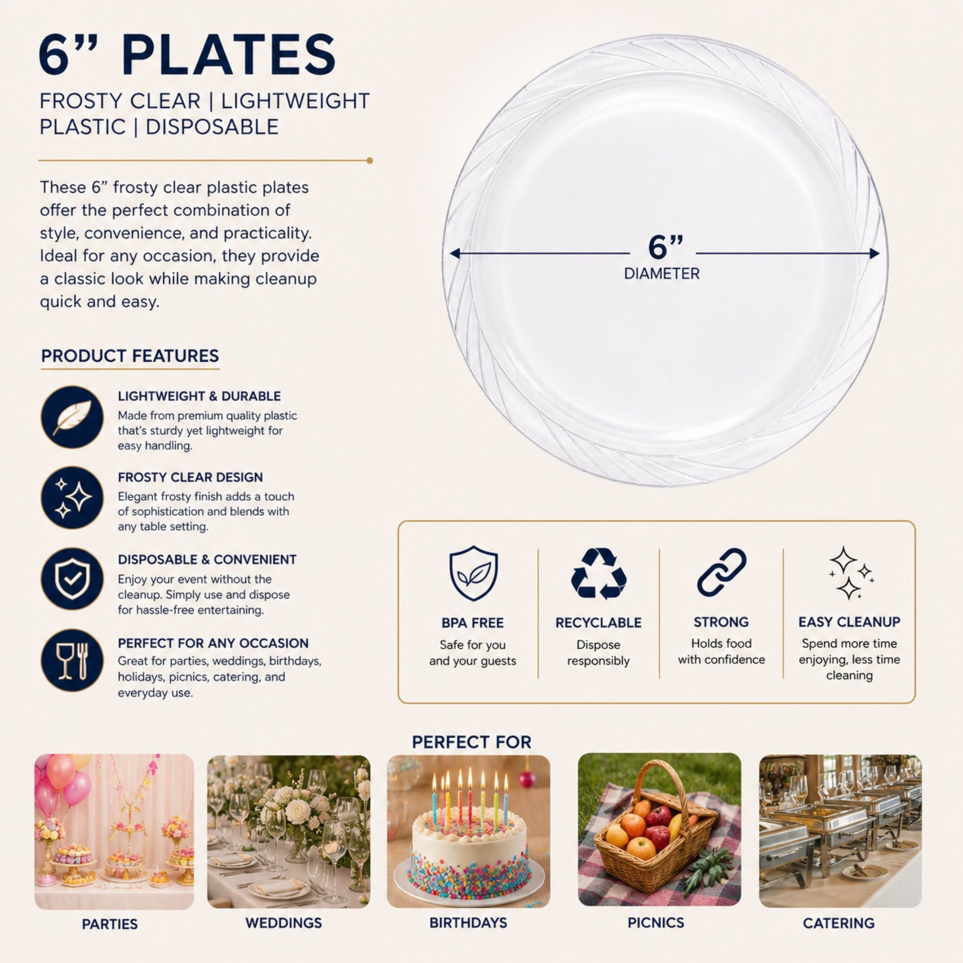 *JUMBO PACK*6" Plates frosty Clear Lightweight Plastic Disposable Disposable Plates Blue Sky