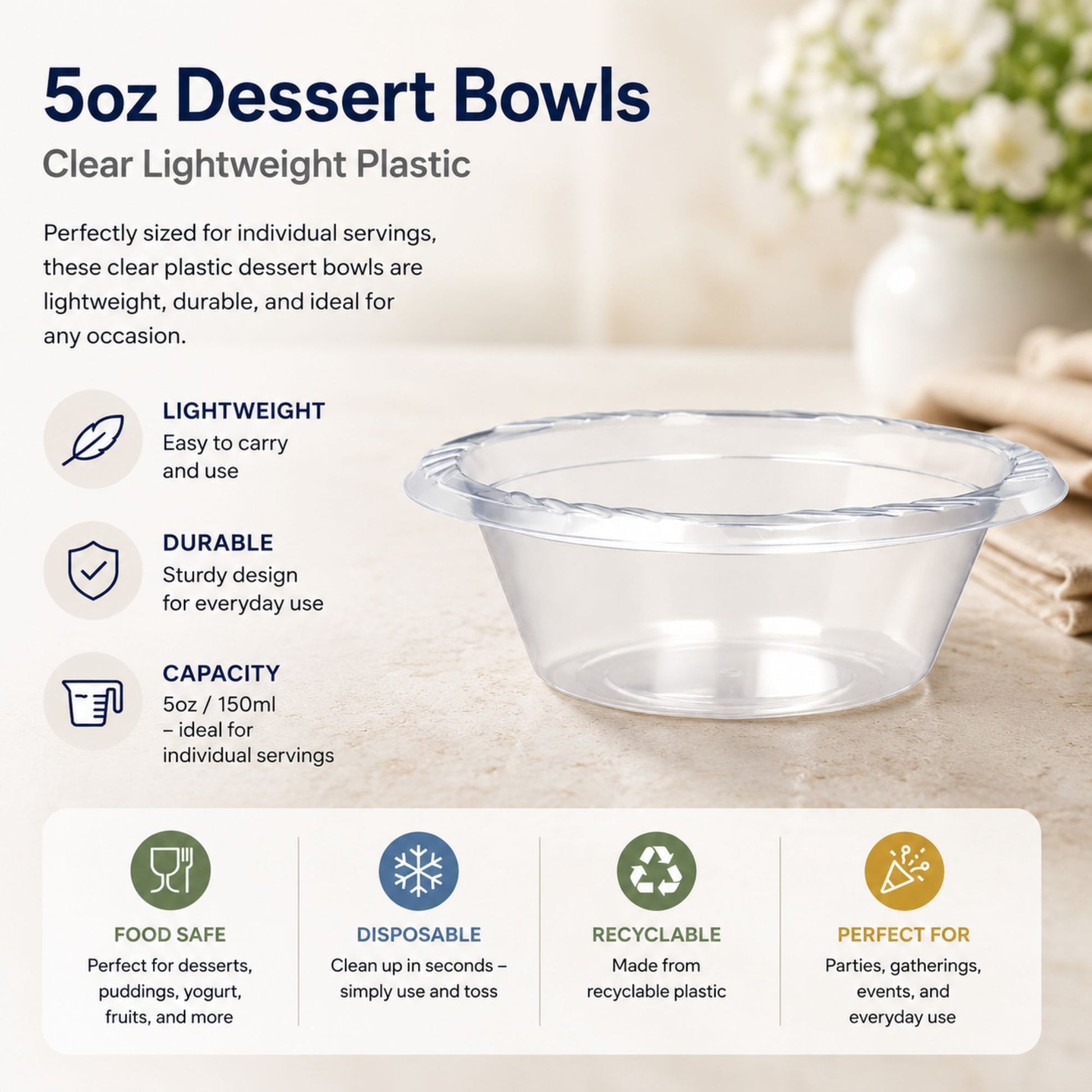 5oz Dessert Bowls Clear lightweight Plastic Bowls Blue Sky