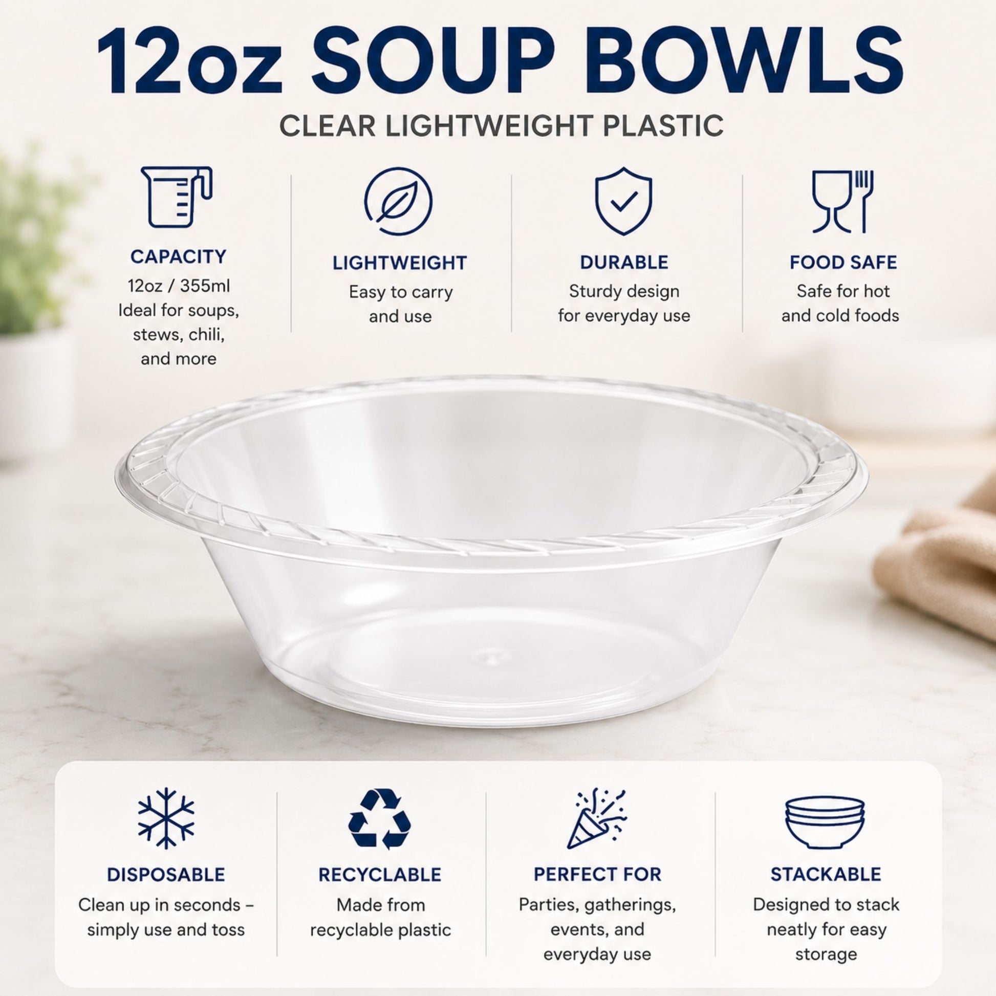 12oz Soup Bowls Clear lightweight Plastic Bowls Blue Sky