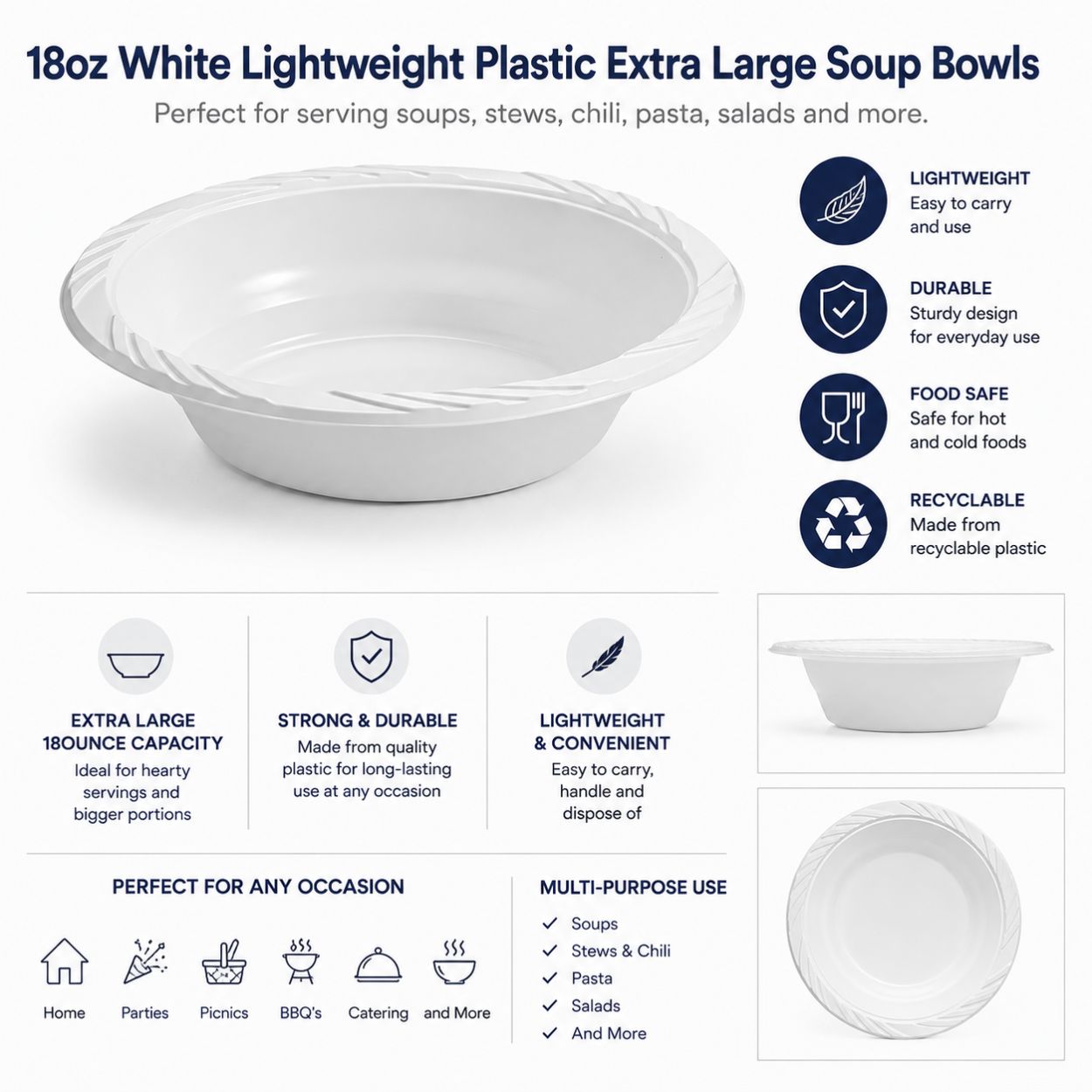 *WHOLESALE* 18oz White Dessert Bowls Lightweight Plastic 800/case Bowls VeZee