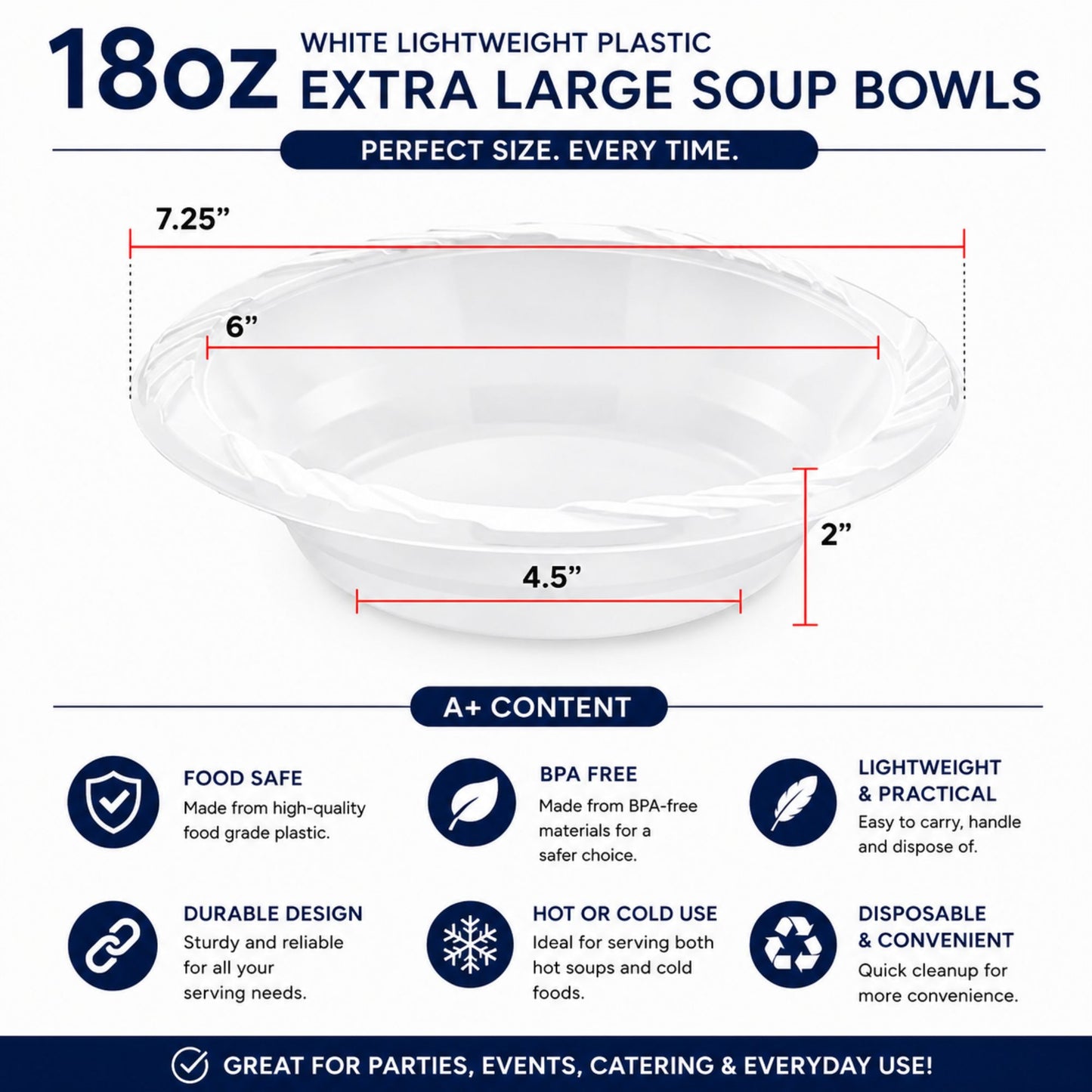 *WHOLESALE* 18oz White Dessert Bowls Lightweight Plastic 800/case Bowls VeZee