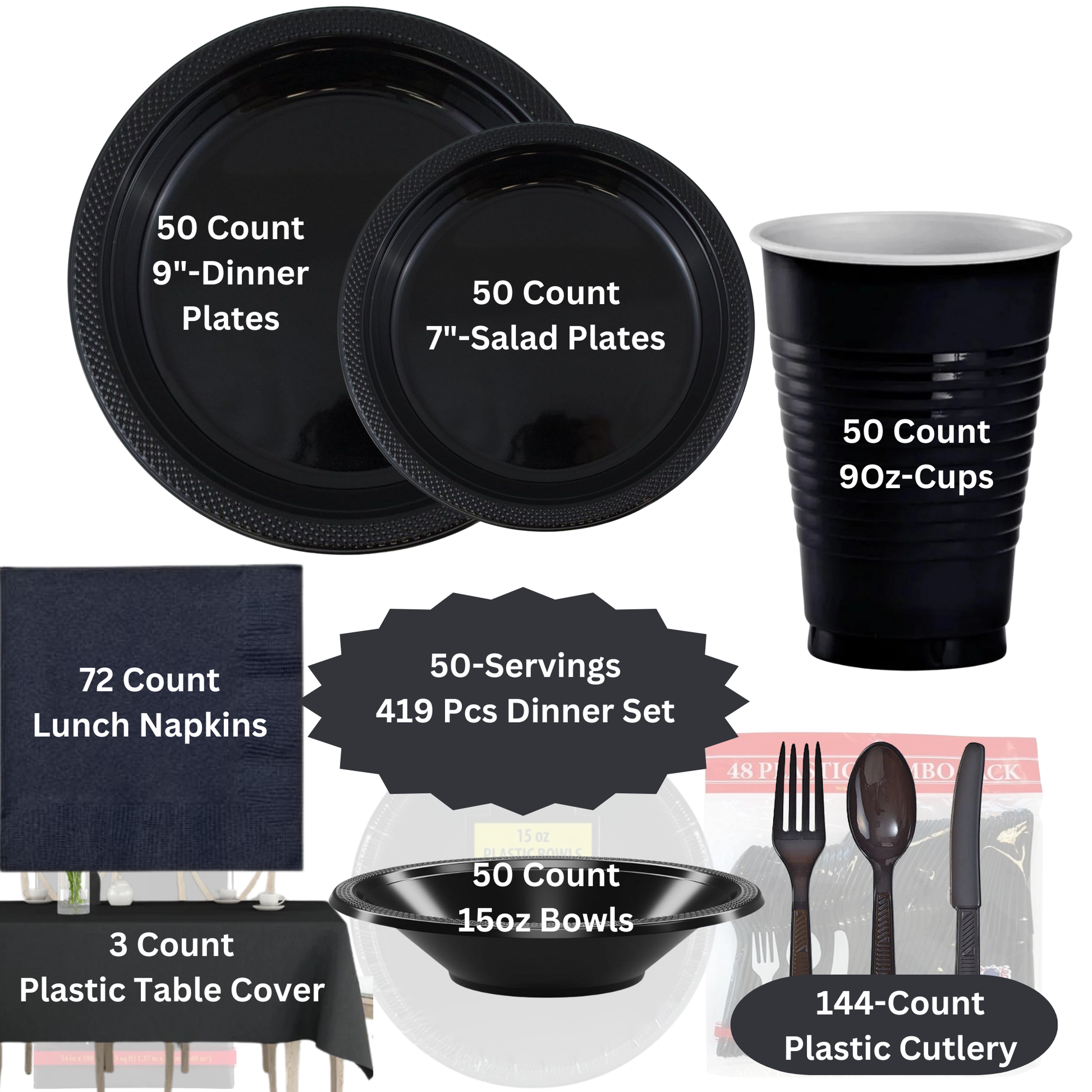 COMBO-PARTY SET: BLACK-Complete Disposable Dining Solution for Your Event Disposable Tableware Hanna K Signature