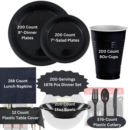 COMBO-PARTY SET: BLACK-Complete Disposable Dining Solution for Your Event Disposable Tableware Hanna K Signature 200 Guest Servings ⟹10% off