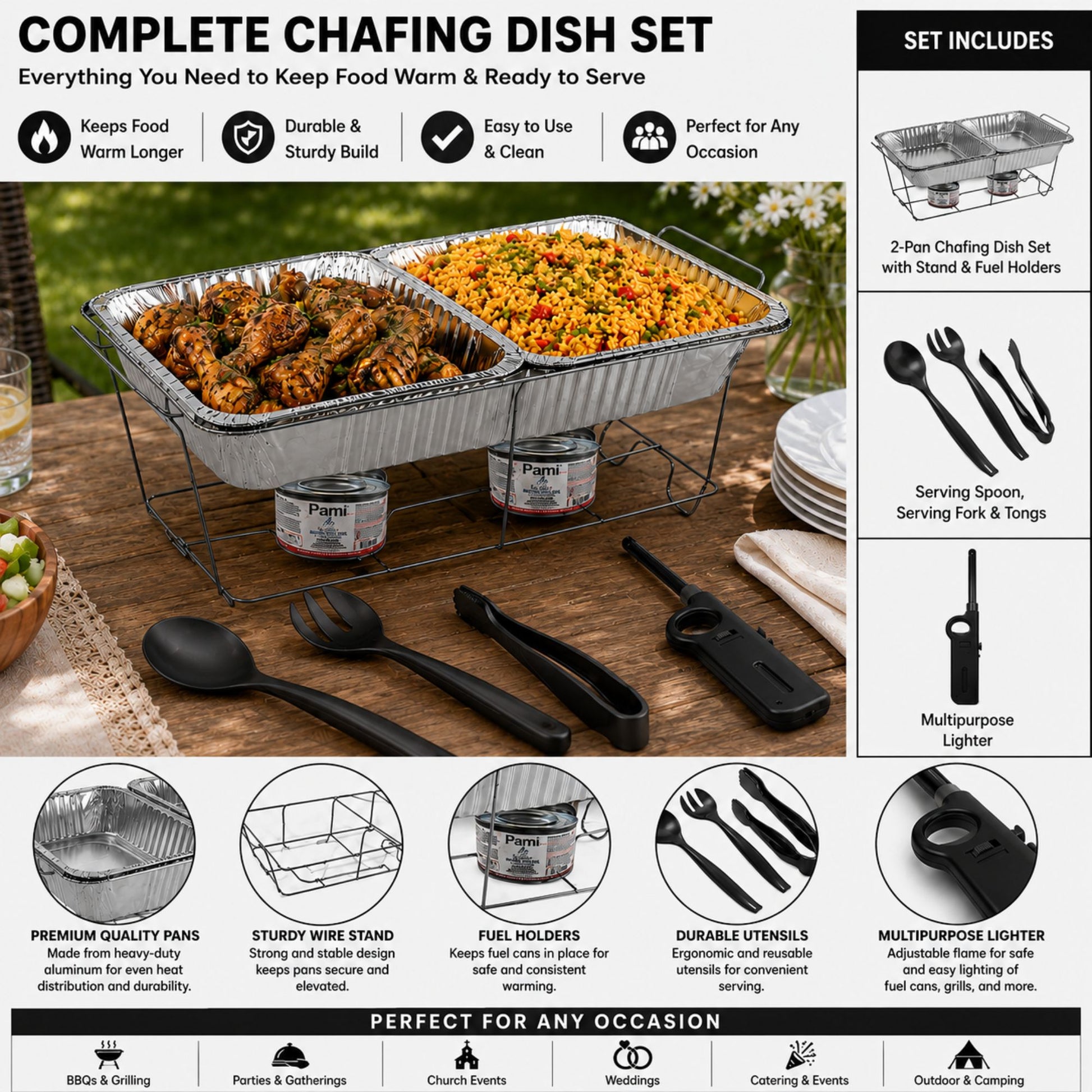 10 Piece Disposable Chafing Dish Buffet Serving Set with Fuel & Lighter Disposable VeZee