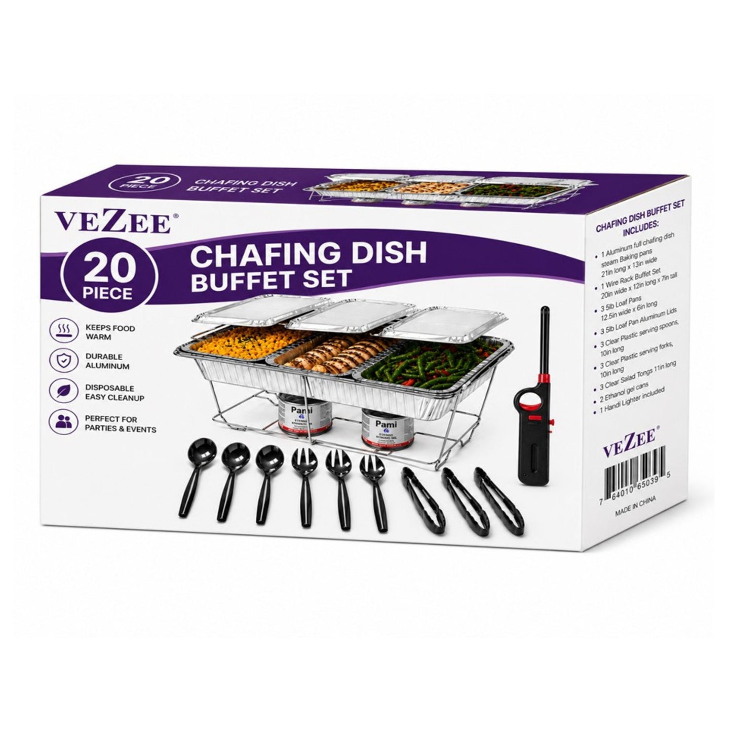 20 Piece Chafing Dish Buffet Set with 5LB Loaf Pans, Fuel & Utensils Disposable Catering Kit Disposable VeZee