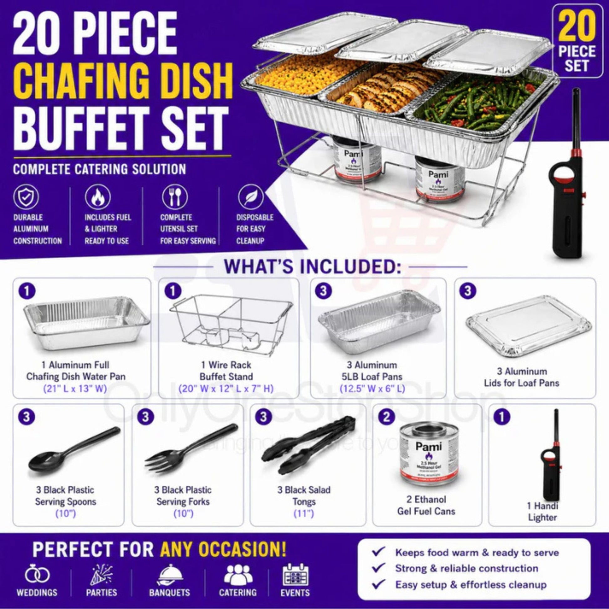 20 Piece Chafing Dish Buffet Set with 5LB Loaf Pans, Fuel & Utensils Disposable Catering Kit Disposable VeZee